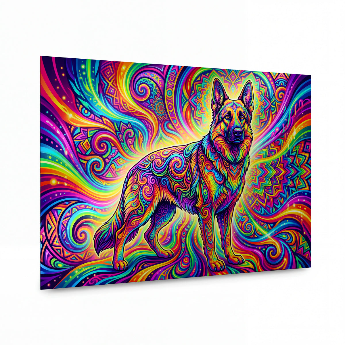 Obraz Německý ovčák v psychedelickém víru barev — kovový obraz na hliníkovém panelu s vysokým leskem