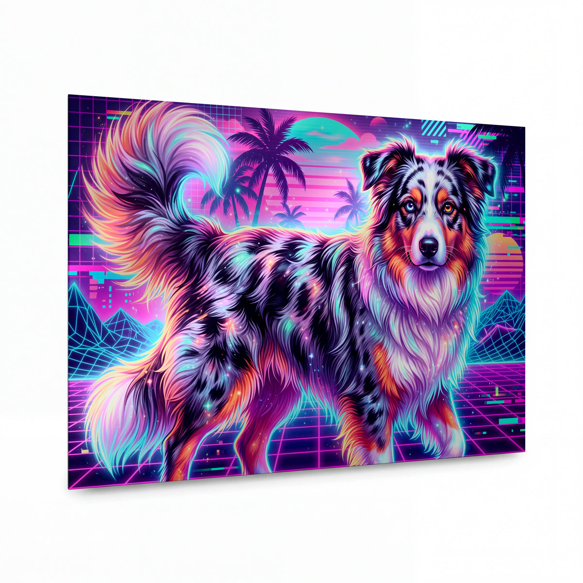Obraz Australský ovčák v duhovém synthwave opojení — kovový obraz na hliníkovém panelu s vysokým leskem