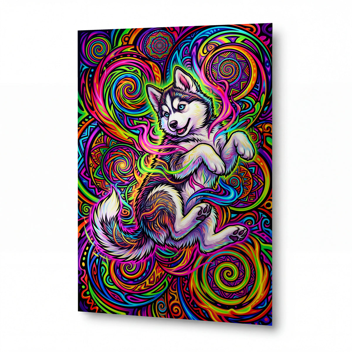 Obraz Husky v psychedelickém víru mandal a barev — kovový obraz na hliníkovém panelu s vysokým leskem