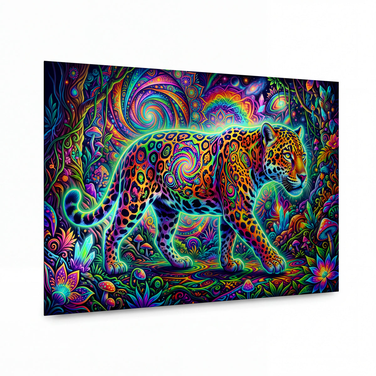 Obraz Duhový jaguar v psychedelické džungli — kovový obraz na hliníkovém panelu