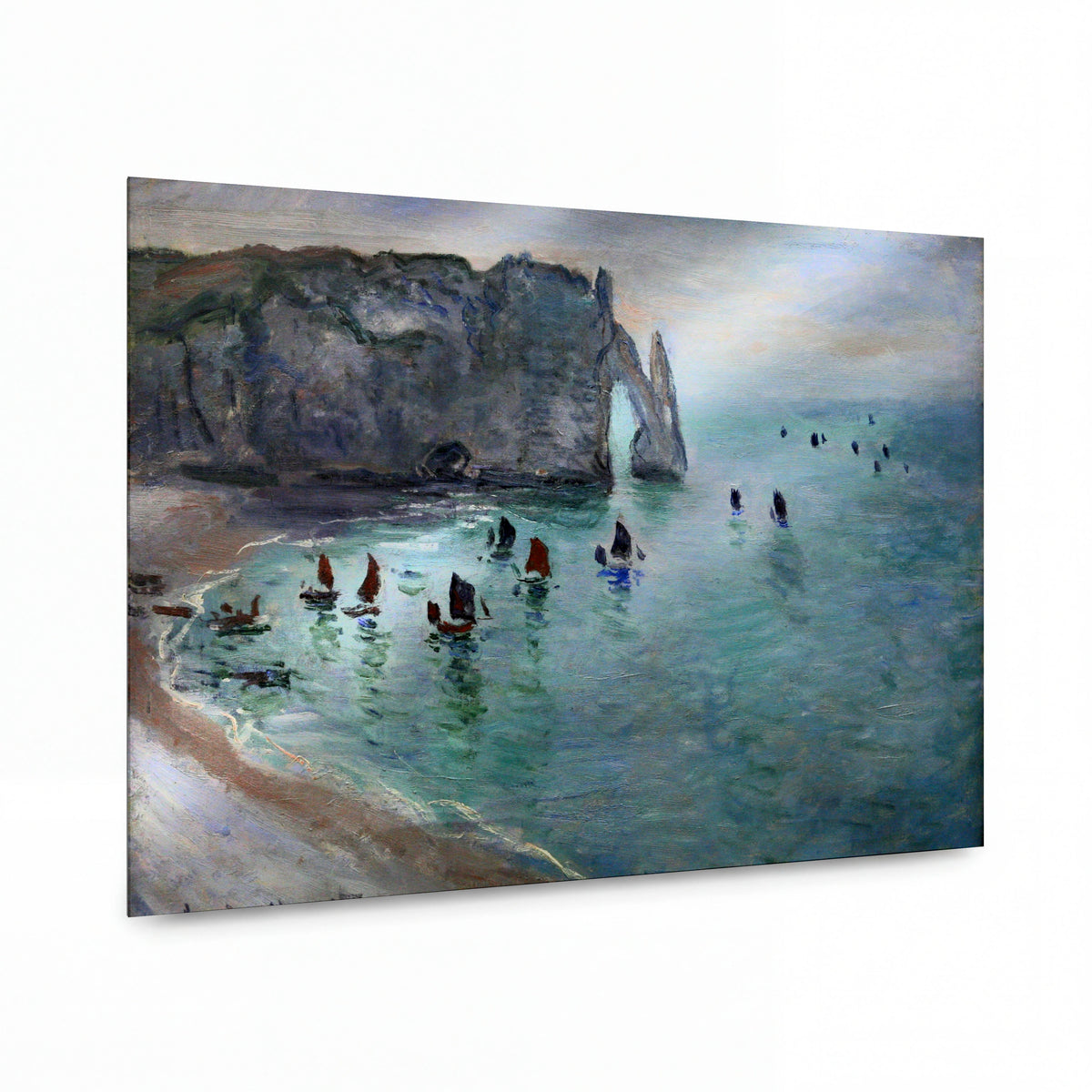 Obraz Claude Monet — Útesy Étretat s rybářskými čluny — kovový obraz na hliníkovém panelu