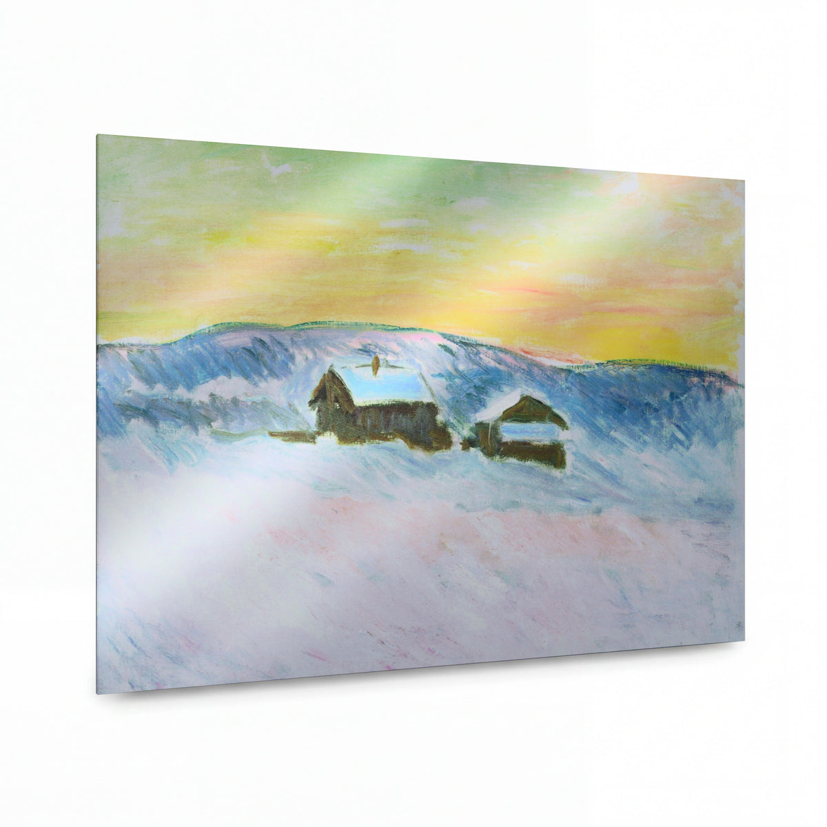 Obraz Claude Monet — Zimní krajina s chalupami pod kopcem — prémiová reprodukce na kovovém panelu