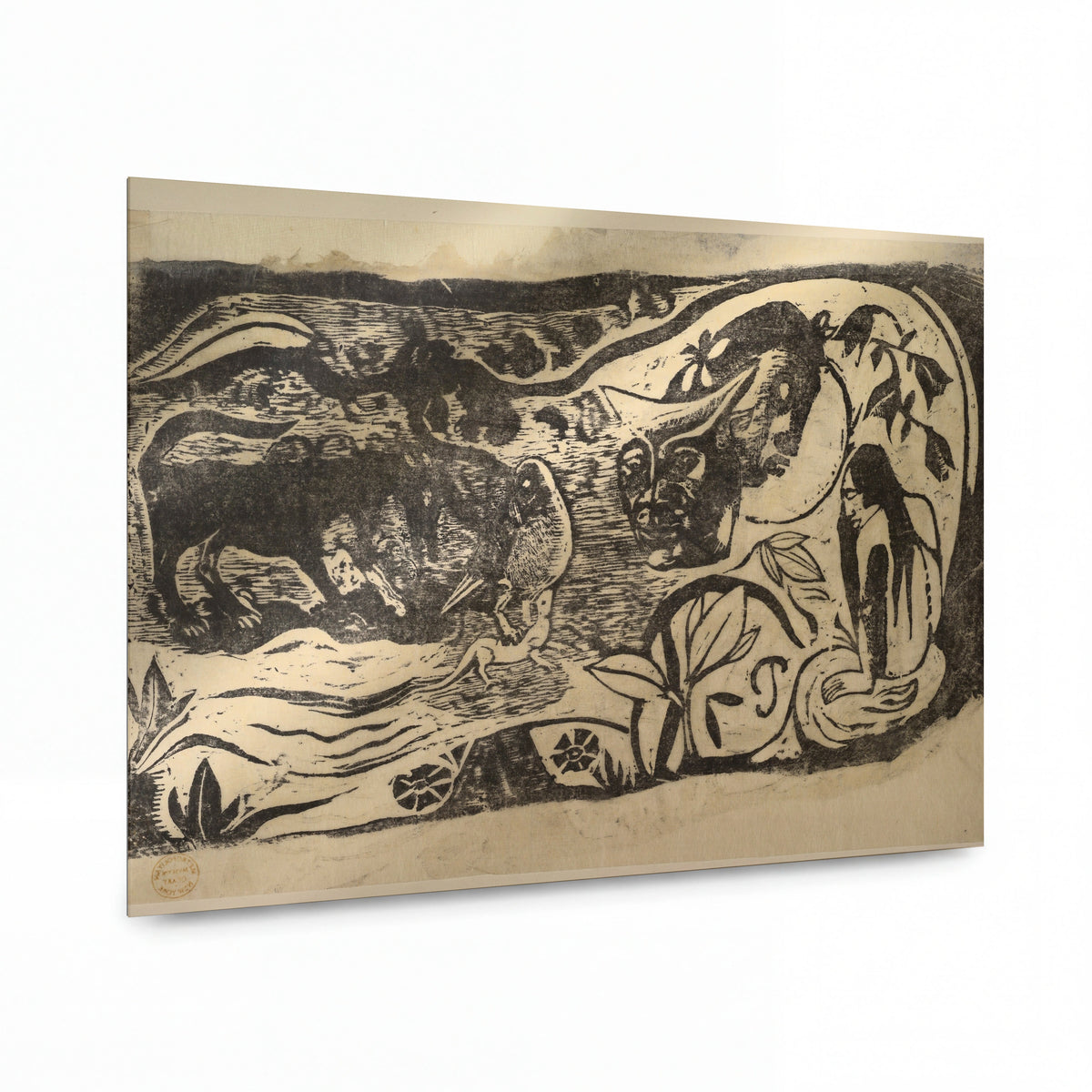 Obraz Paul Gauguin — Woodcut with a Horned Head — prémiová reprodukce na kovovém panelu — prémiová reprodukce na kovovém panelu