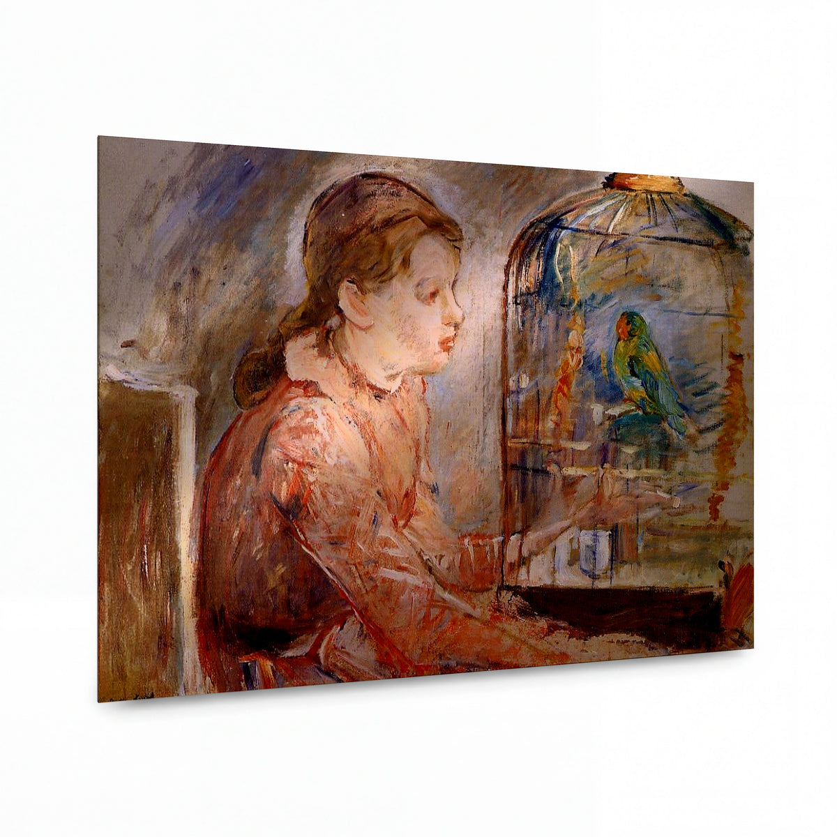 Obraz Berthe Morisot — Young Girl and the Budgie — reprodukce na lesklém hliníkovém panelu — reprodukce na lesklém hliníkovém panelu