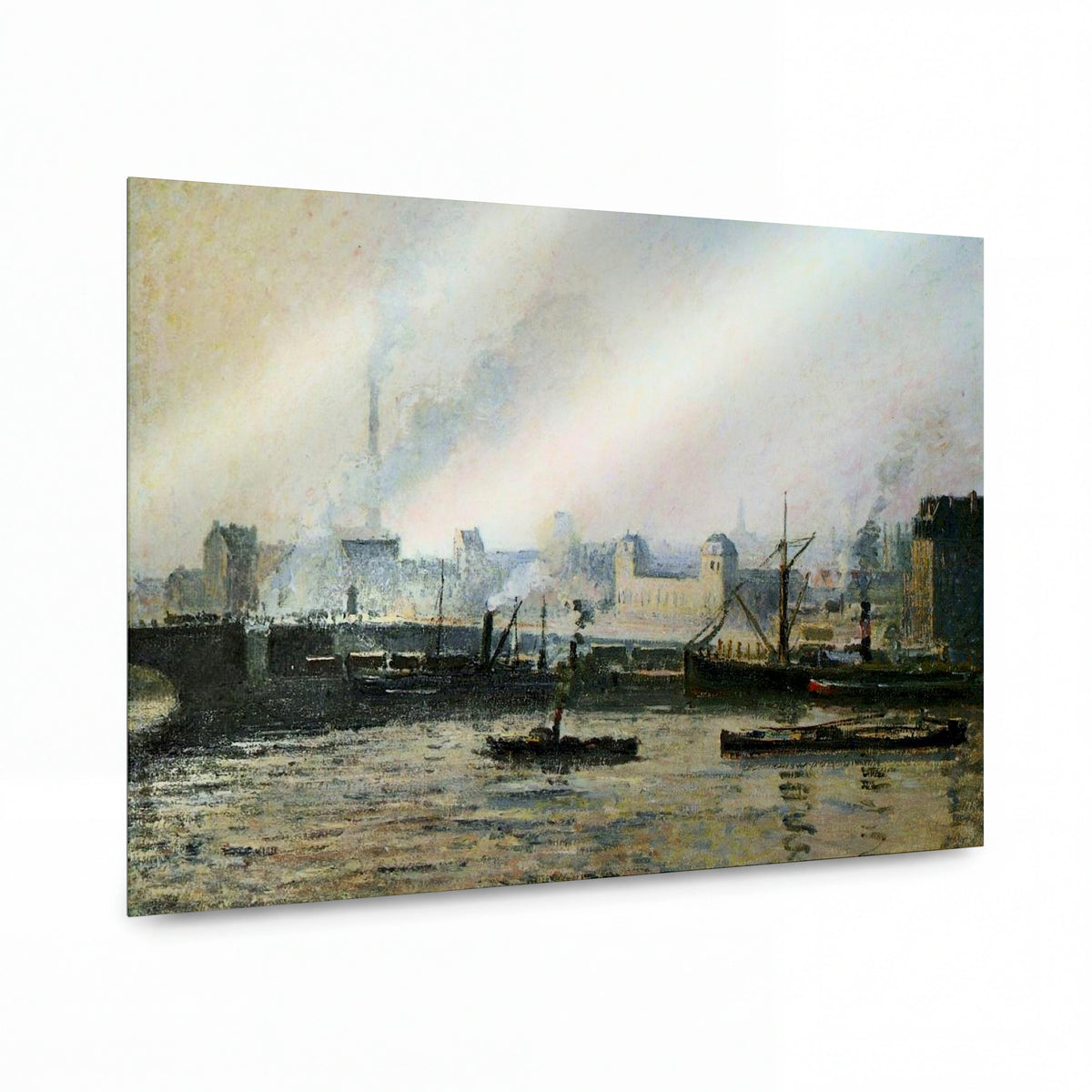 Obraz Camille Pissarro — The Saint Sever Bridge at Rouen, Fog, 1896 — umělecký kovový obraz s vysokým leskem — umělecký kovový obraz s vysokým leskem