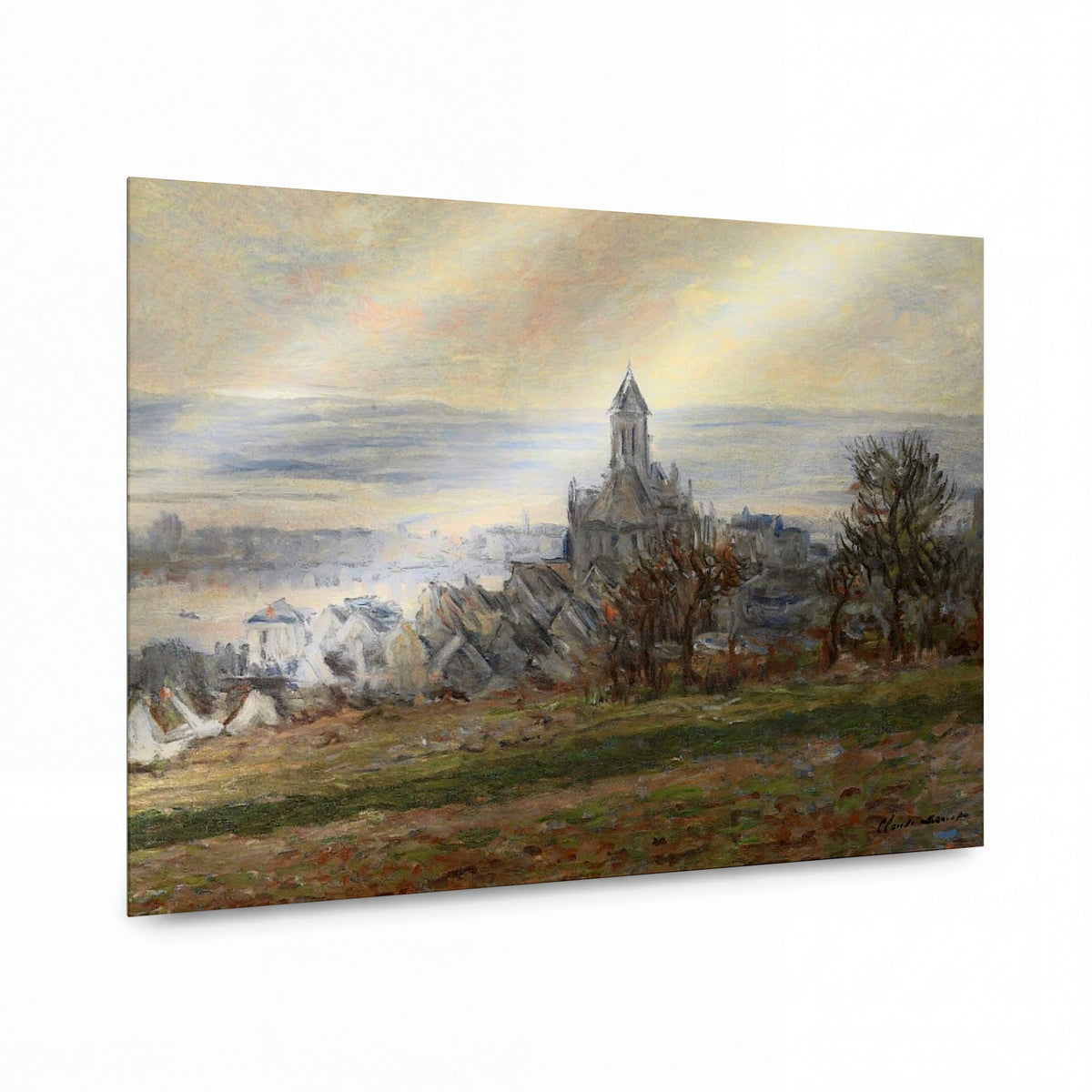 Obraz Claude Monet — Pohled na městečko s kostelem — lesklý obraz na hliníku