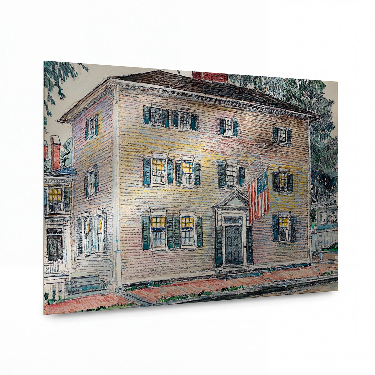 Obraz Childe Hassam — Frame Mansion, Portsmouth, New Hampshire — kovová reprodukce s vysokým leskem — kovová reprodukce s vysokým leskem