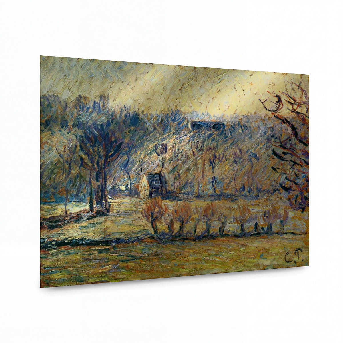Obraz Camille Pissarro — The Coast at Vaches-Bazincourt - Snow Effect — kovový obraz na hliníkovém panelu