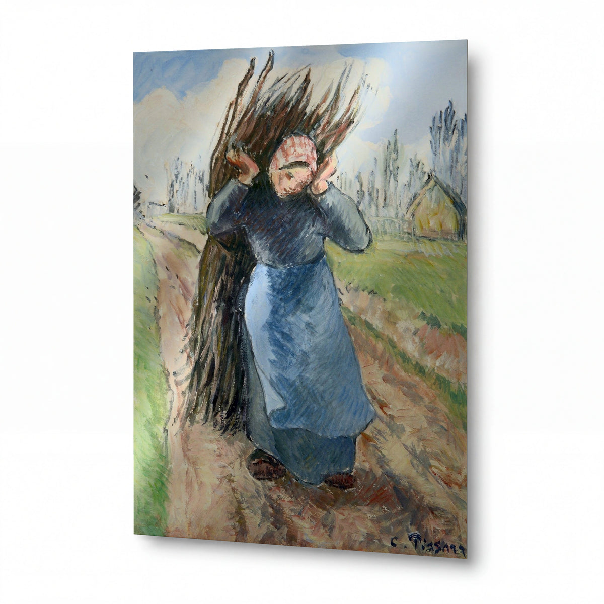 Obraz Camille Pissarro — Peasant Girl Carrying Brushwood — kovový obraz na hliníkovém panelu — kovový obraz na hliníkovém panelu