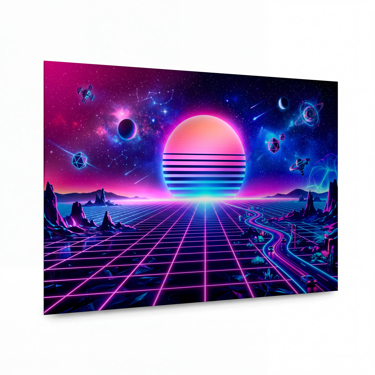 Obraz Retrowave slunce nad digitální mřížkou — kovový obraz na hliníkovém panelu s vysokým leskem