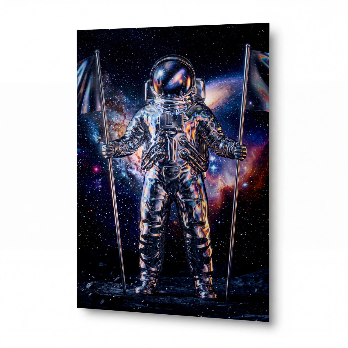 Obraz Křišťálový astronaut mezi galaxiemi — kovový obraz na hliníkovém panelu s vysokým leskem