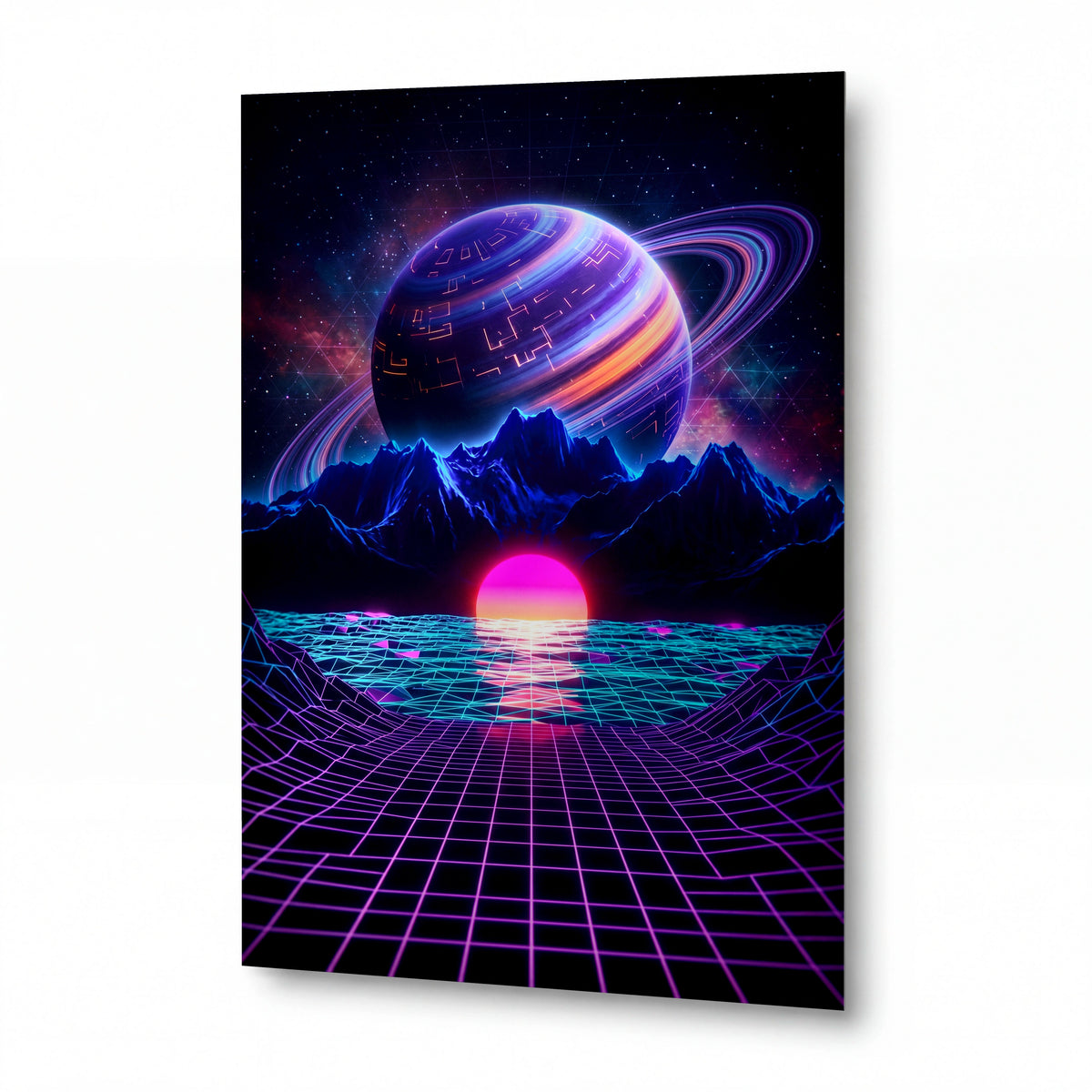 Obraz Synthwave nad planetou s prstenci — kovový obraz na hliníkovém panelu s vysokým leskem