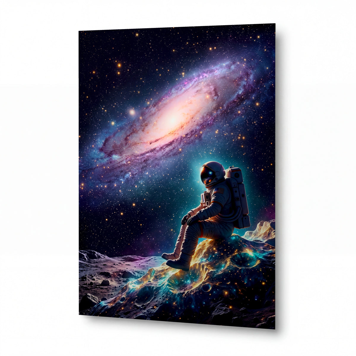 Obraz Astronaut sedící na vlně kosmického plamene pod spirální galaxií — kovový obraz na hliníkovém panelu s vysokým leskem