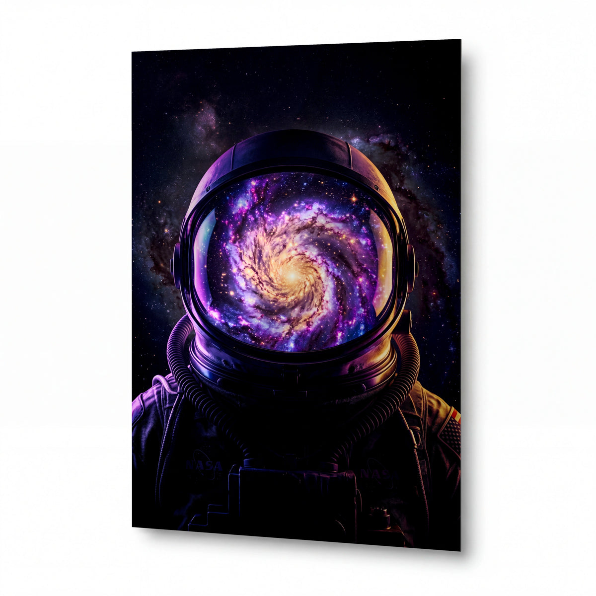 Obraz Astronaut s odrazem spirální galaxie — kovový obraz na hliníkovém panelu s vysokým leskem