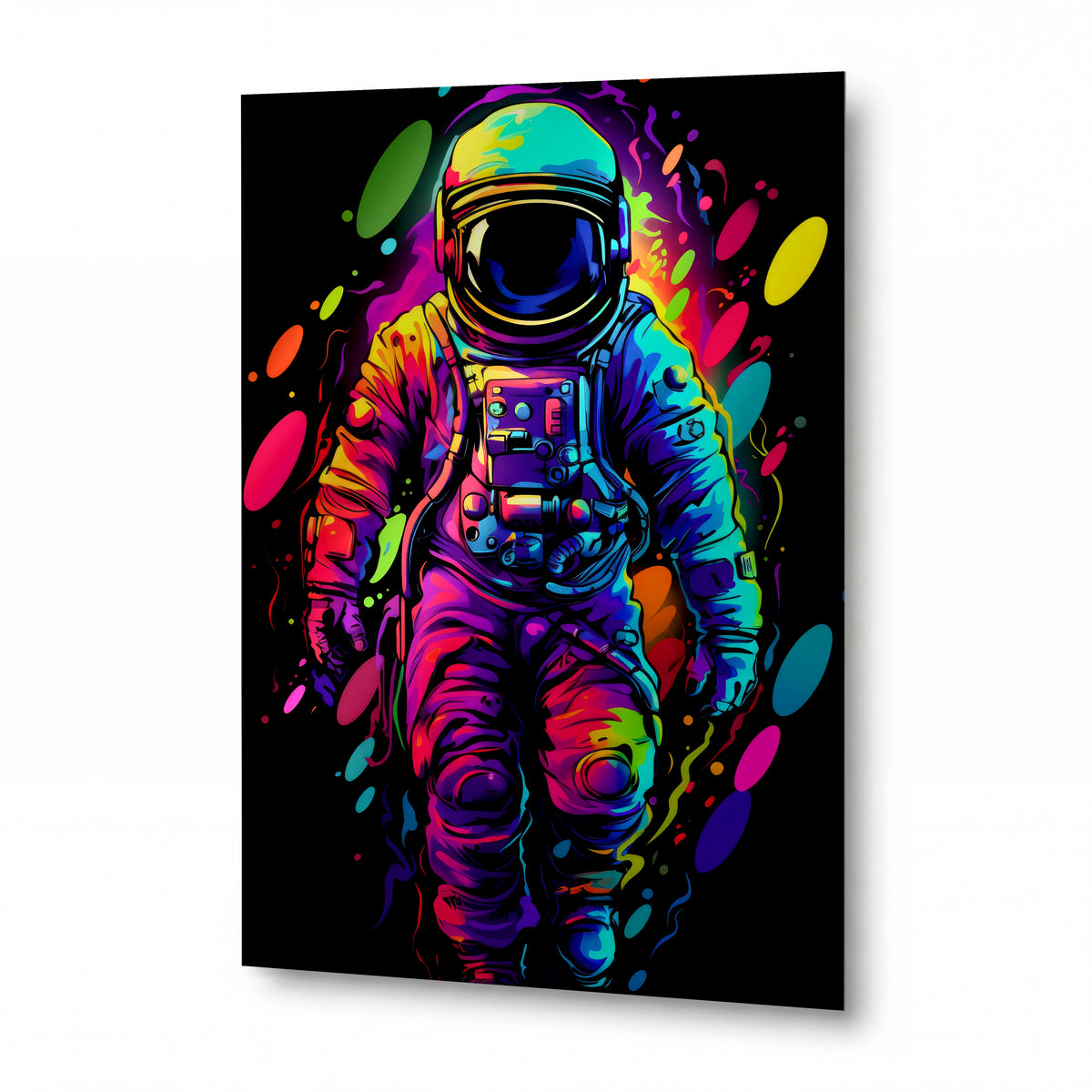 Obraz Astronaut v duhové explozi — kovový obraz na hliníkovém panelu s vysokým leskem