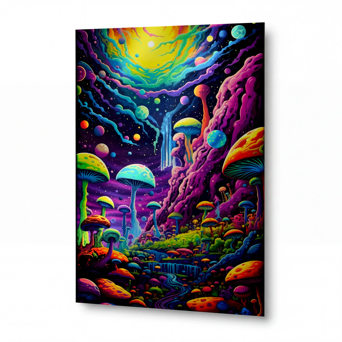 Obraz Psychedelická houbová zahrada pod kosmickým svitem — kovový obraz na hliníkovém panelu s vysokým leskem