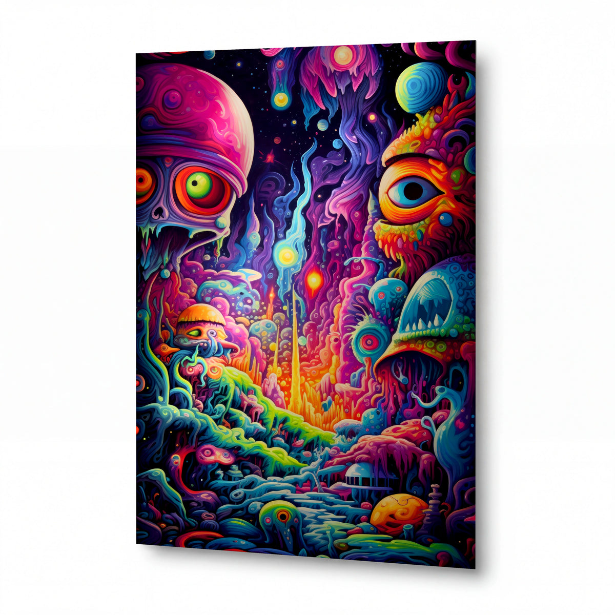 Obraz Setkání kosmických bytostí nad psychedelickou krajinou — kovový obraz na hliníkovém panelu s vysokým leskem