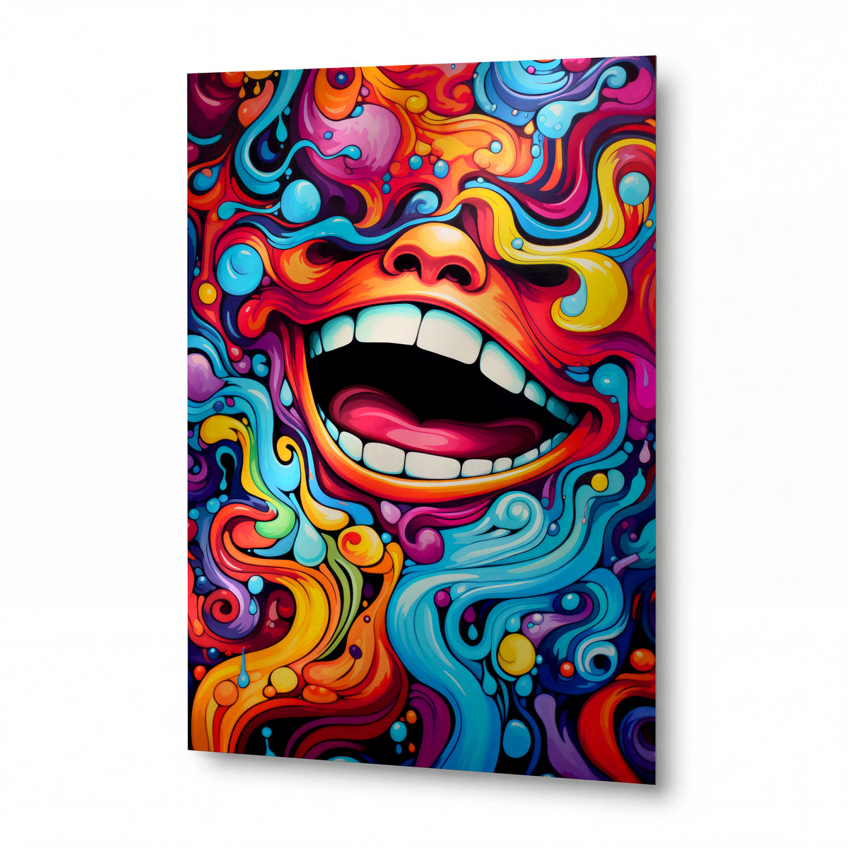 Obraz Úsměv pohlcený psychedelickým vírem — kovový obraz na hliníkovém panelu s vysokým leskem