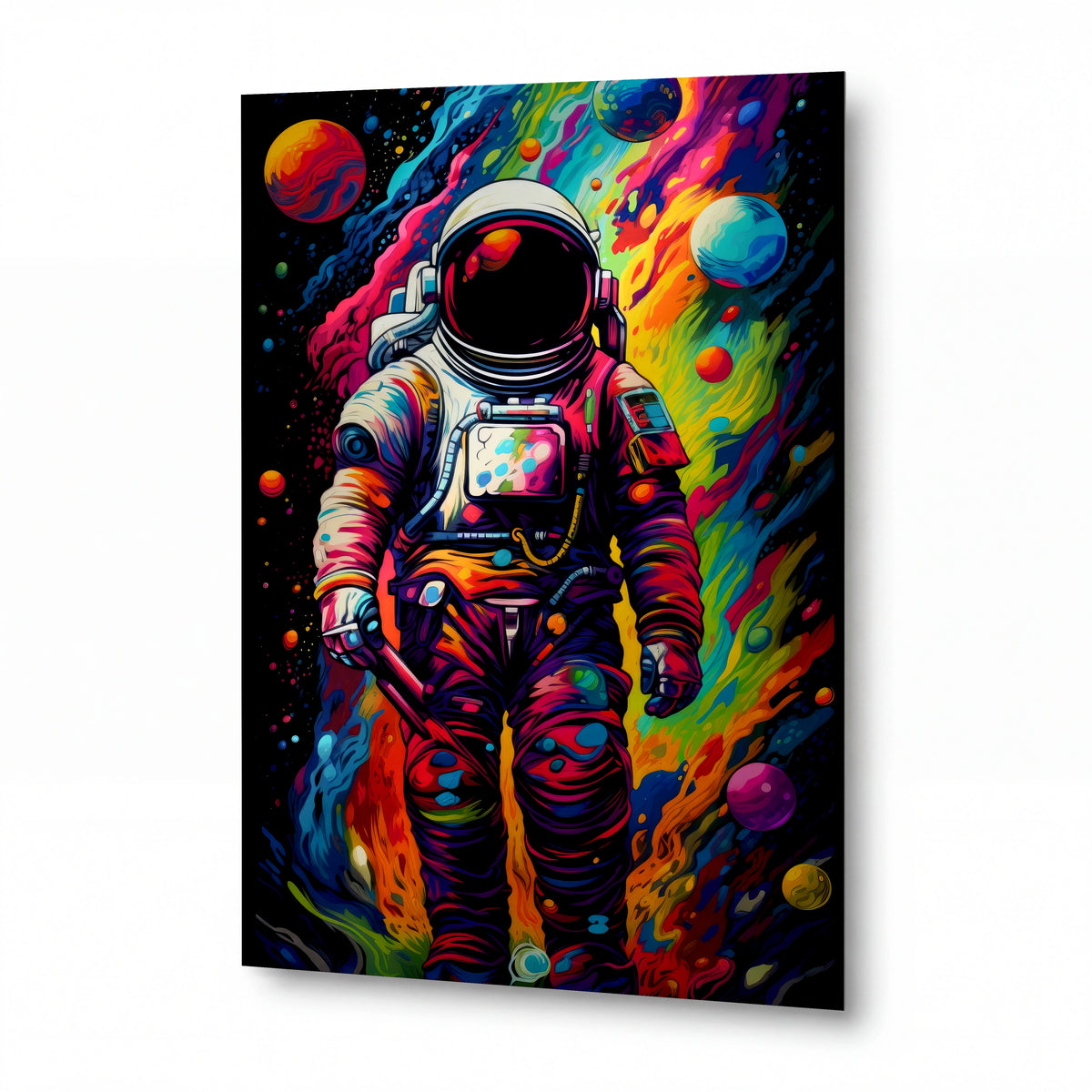 Obraz Astronaut v duhové bouři — kovový obraz na hliníkovém panelu s vysokým leskem