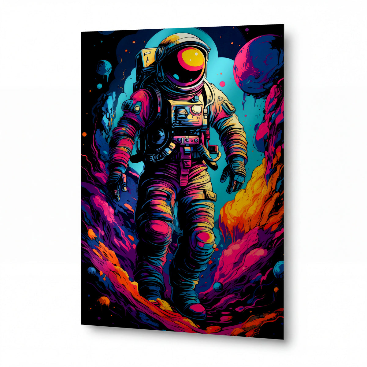 Obraz Astronaut v kosmickém víru barev — kovový obraz na hliníkovém panelu s vysokým leskem