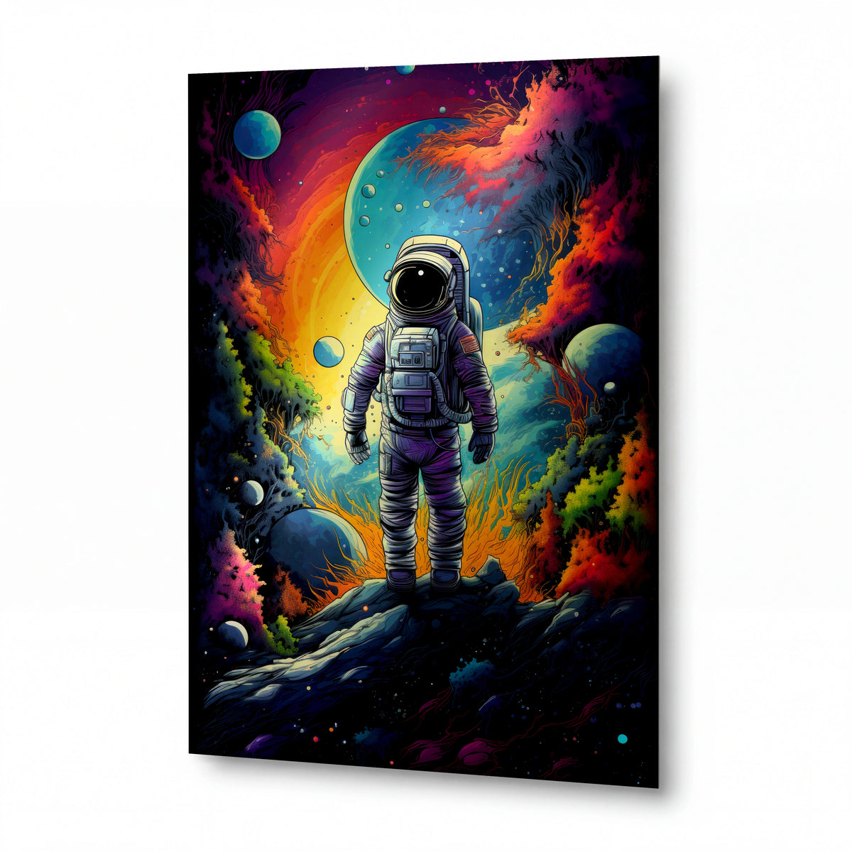 Obraz Osamělý astronaut v bráně barevných vln — kovový obraz na hliníkovém panelu s vysokým leskem