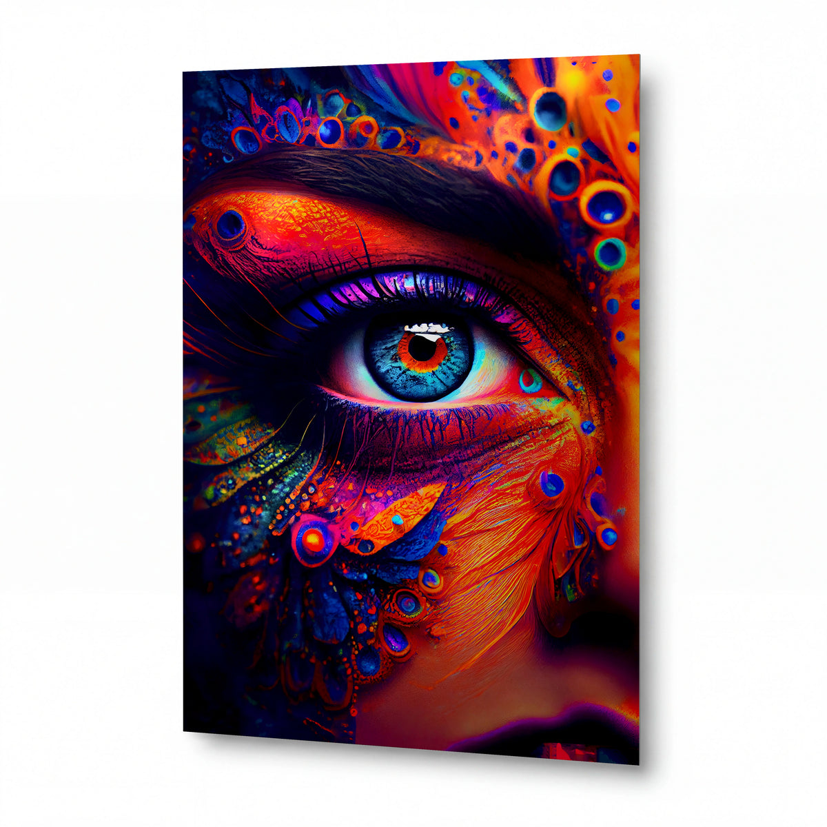 Obraz Oko v psychedelických vlnách páví ornamentiky — kovový obraz na hliníkovém panelu s vysokým leskem