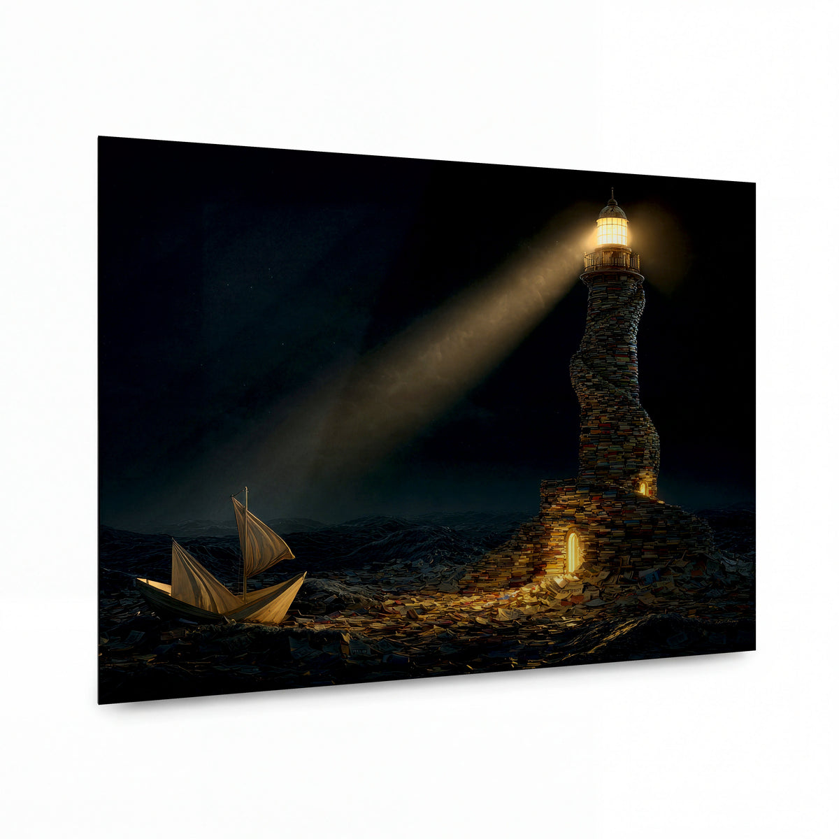 Obraz Maják z tisíce knih na temném oceánu — kovový obraz na hliníkovém panelu s vysokým leskem