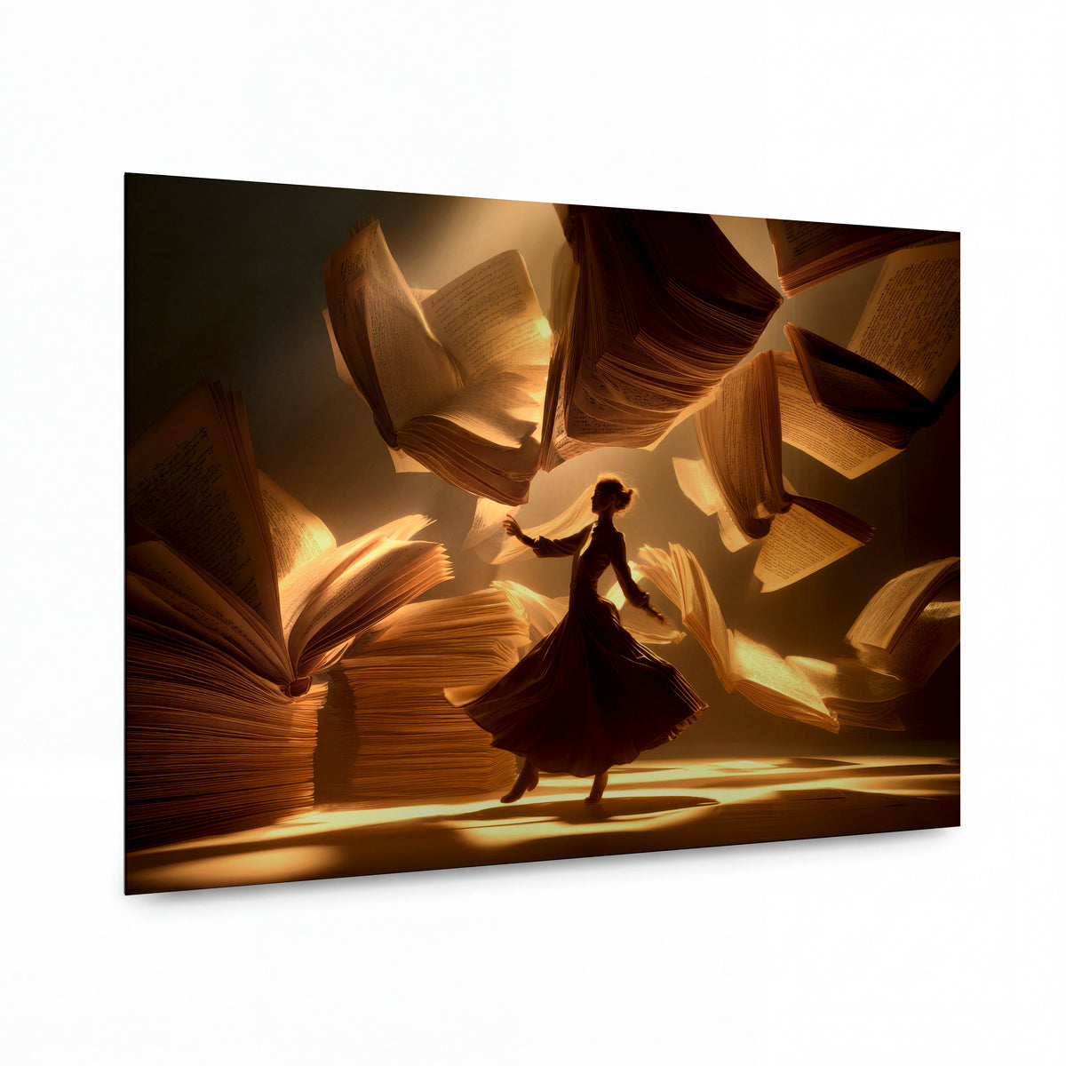 Obraz Tanec mezi rozevlátými stránkami — kovový obraz na hliníkovém panelu s vysokým leskem