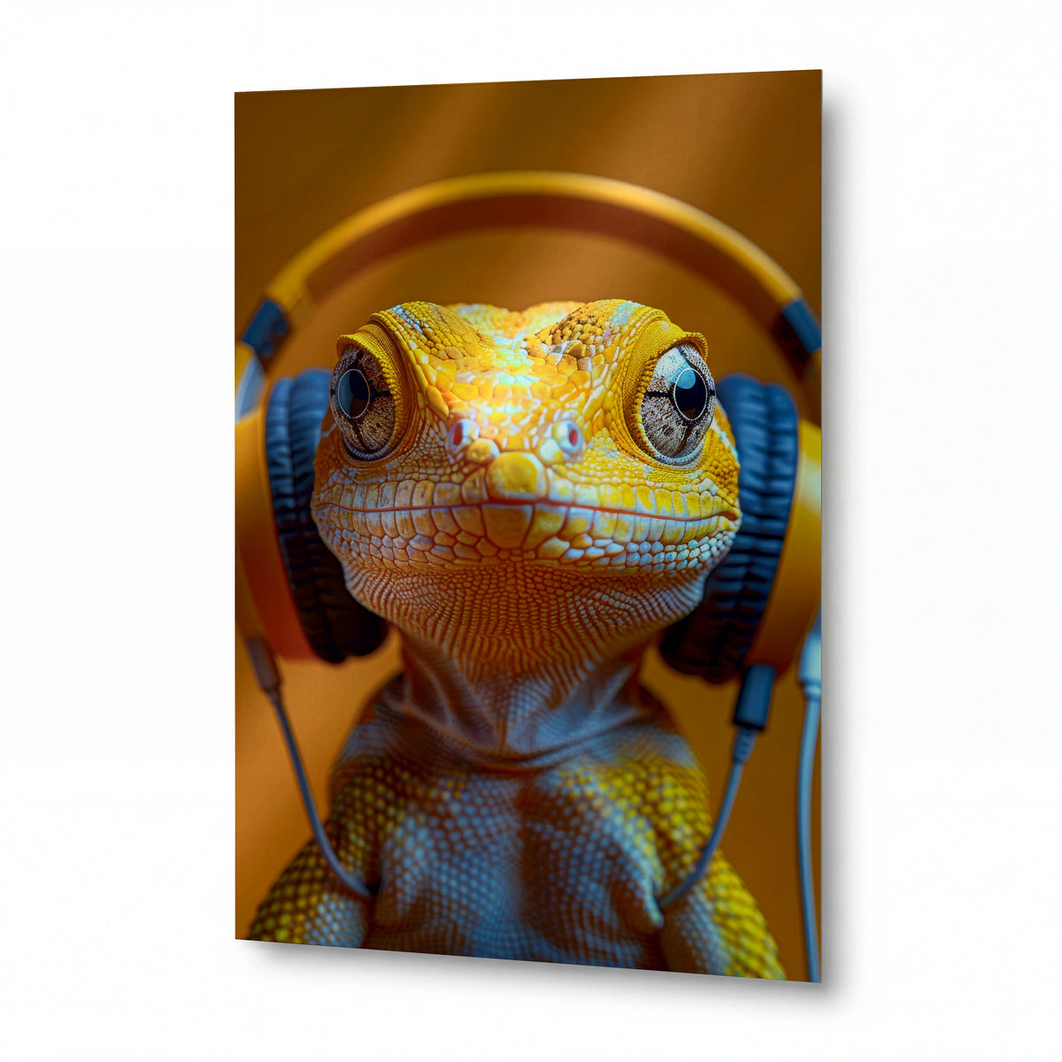 Obraz Chameleon v hudebním transu — kovový obraz na hliníkovém panelu s vysokým leskem
