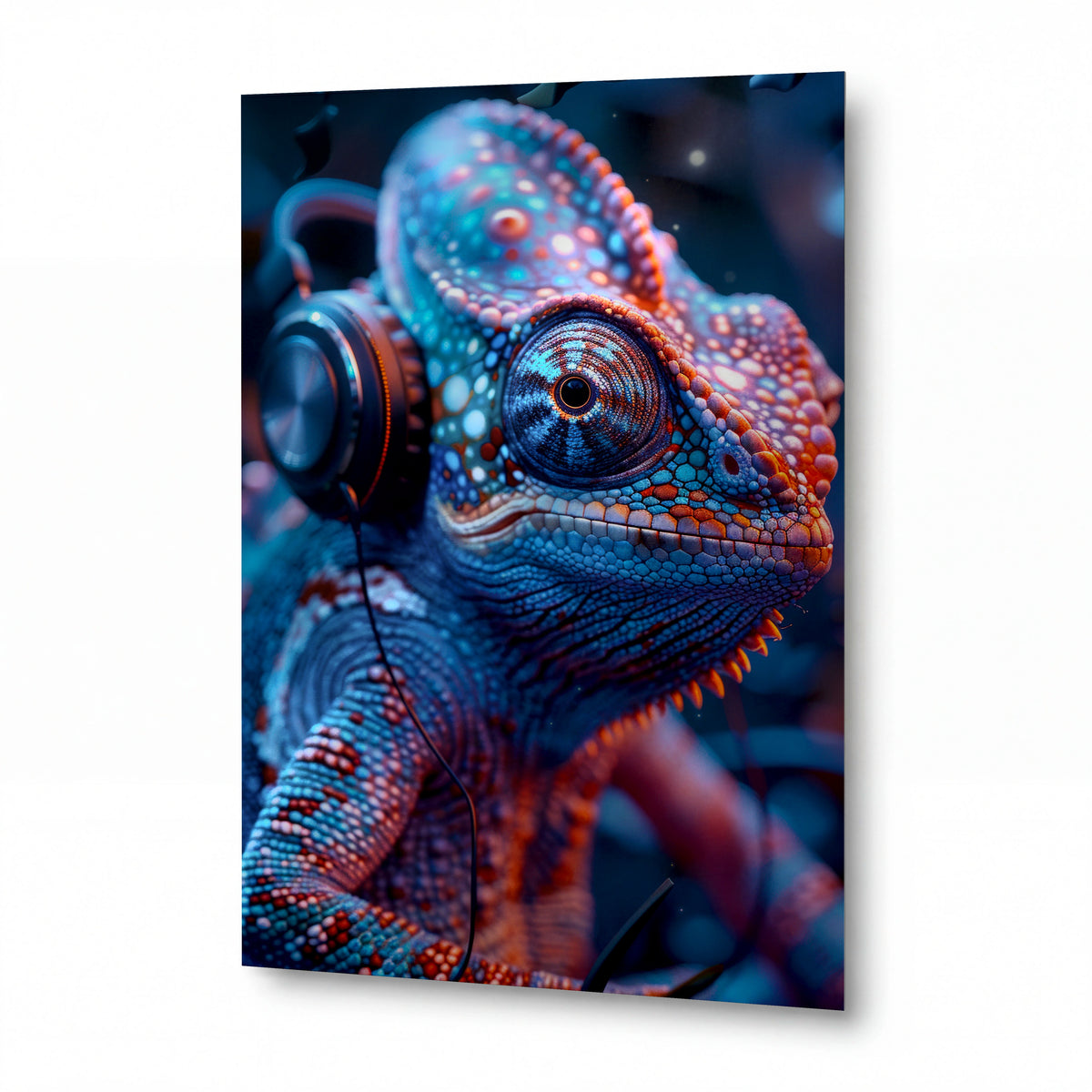 Obraz Chameleon v rytmu elektroniky — kovový obraz na hliníkovém panelu s vysokým leskem