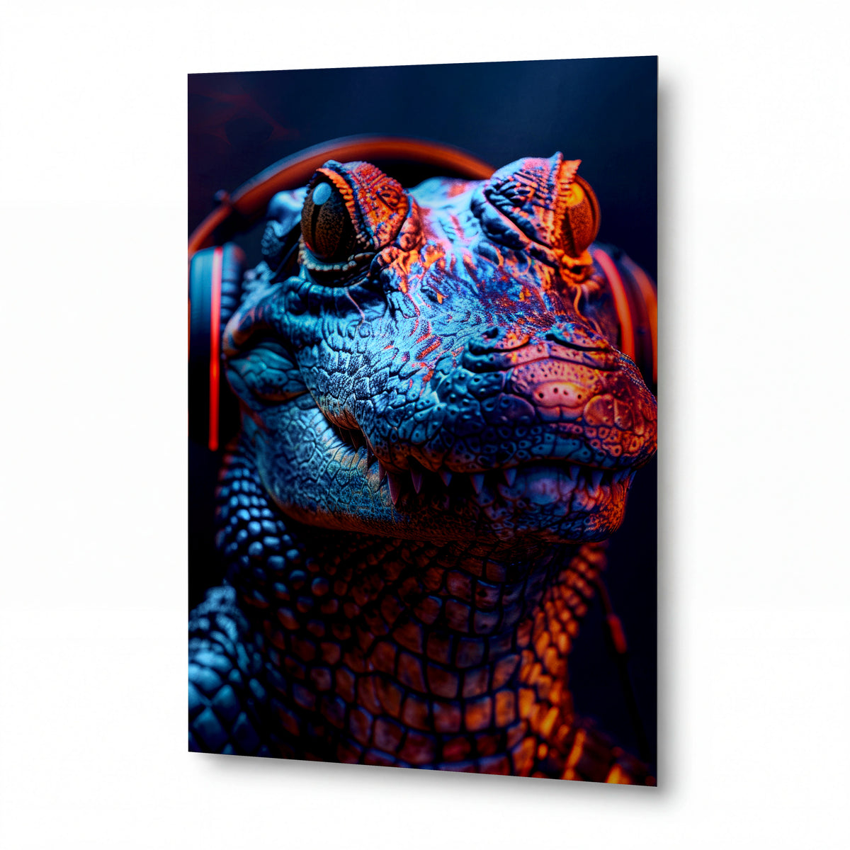 Obraz Chameleon v neonových sluchátkách — kovový obraz na hliníkovém panelu s vysokým leskem