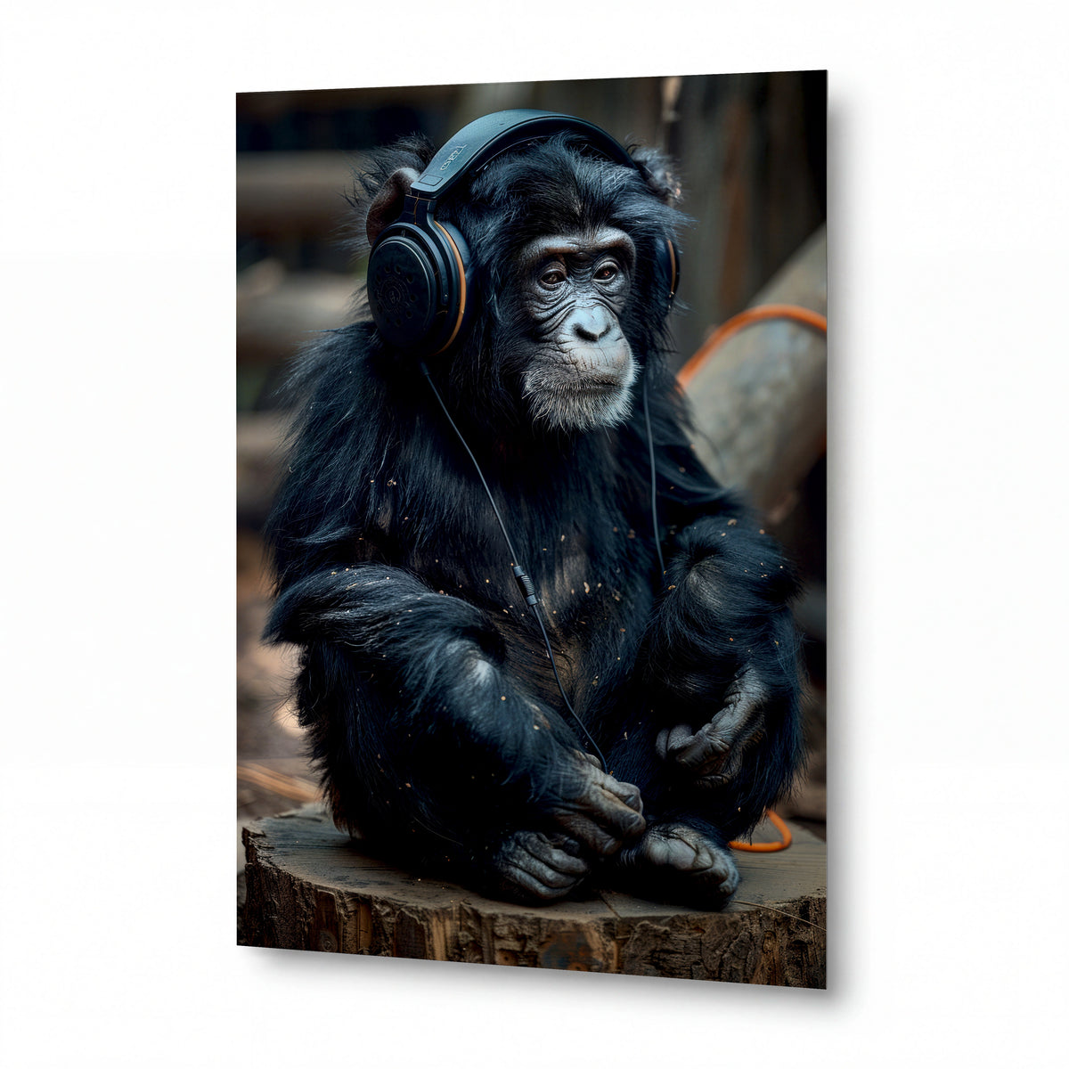 Obraz Šimpanz s hudebními sluchátky v zamyšlení — kovový obraz na hliníkovém panelu s vysokým leskem