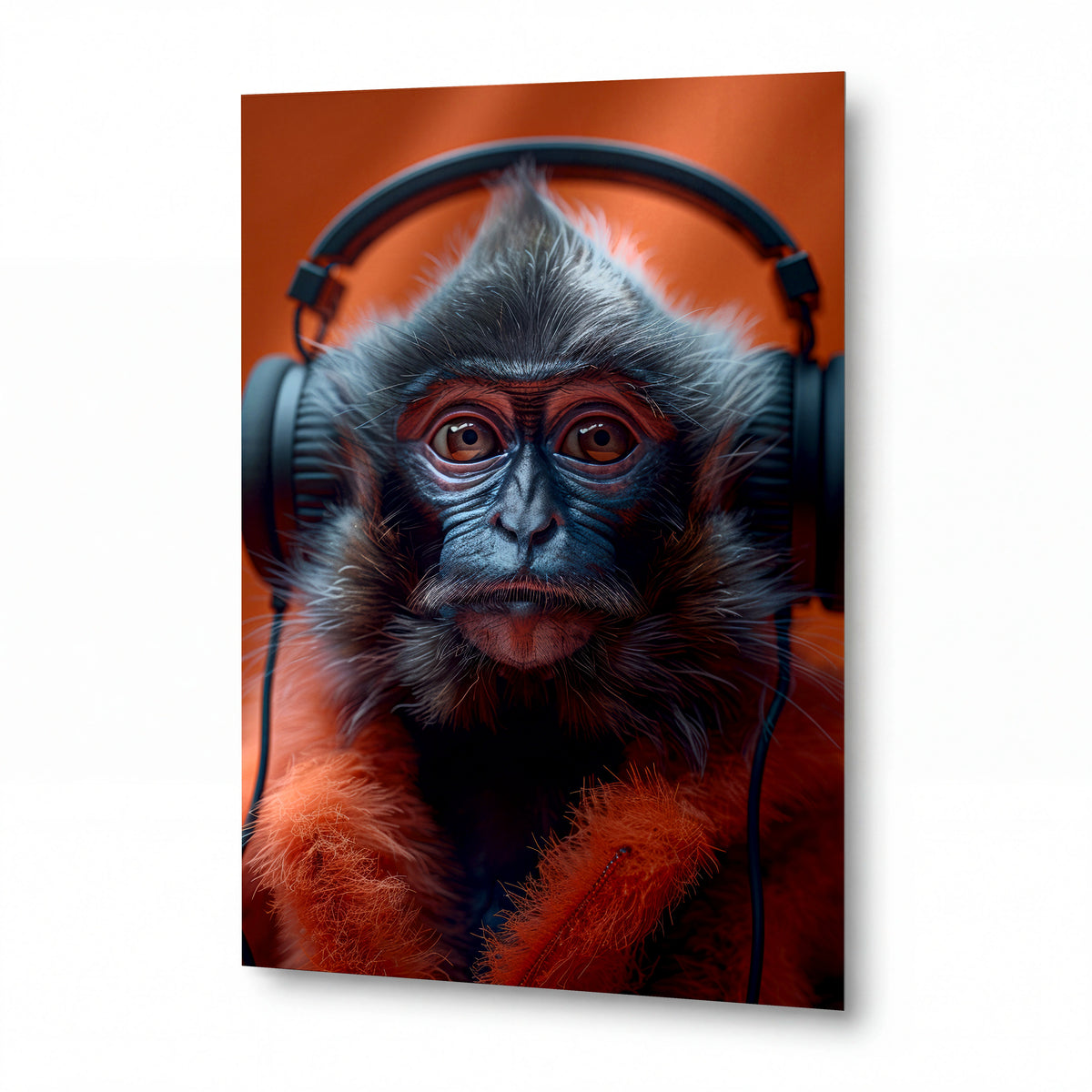 Obraz Orangutan s modrými sluchátky — kovový obraz na hliníkovém panelu s vysokým leskem