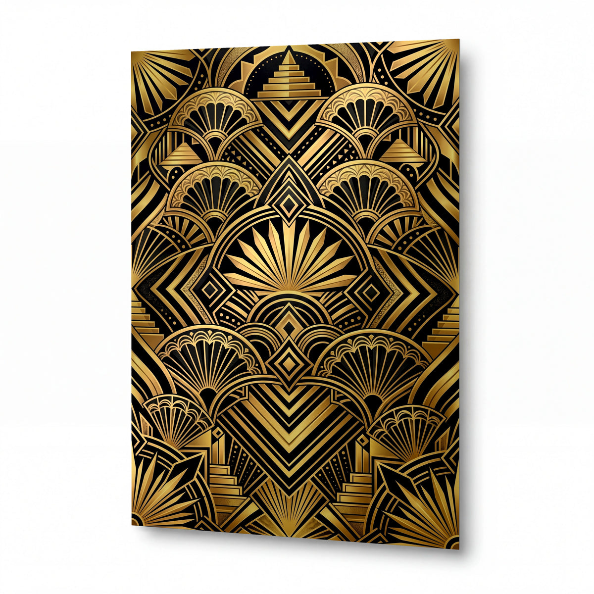 Obraz Zlaté vějíře art deco na černém pozadí — kovový panel s vysokým leskem