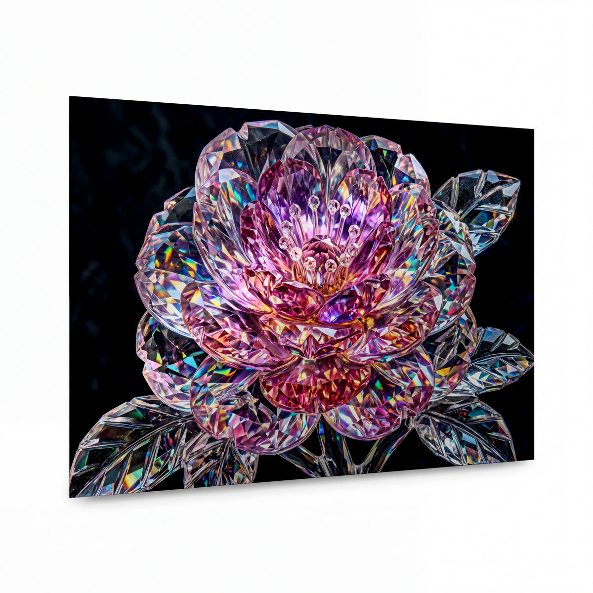 Obraz Křišťálová pivoňka v duhových odlescích — kovový obraz na hliníkovém panelu s vysokým leskem
