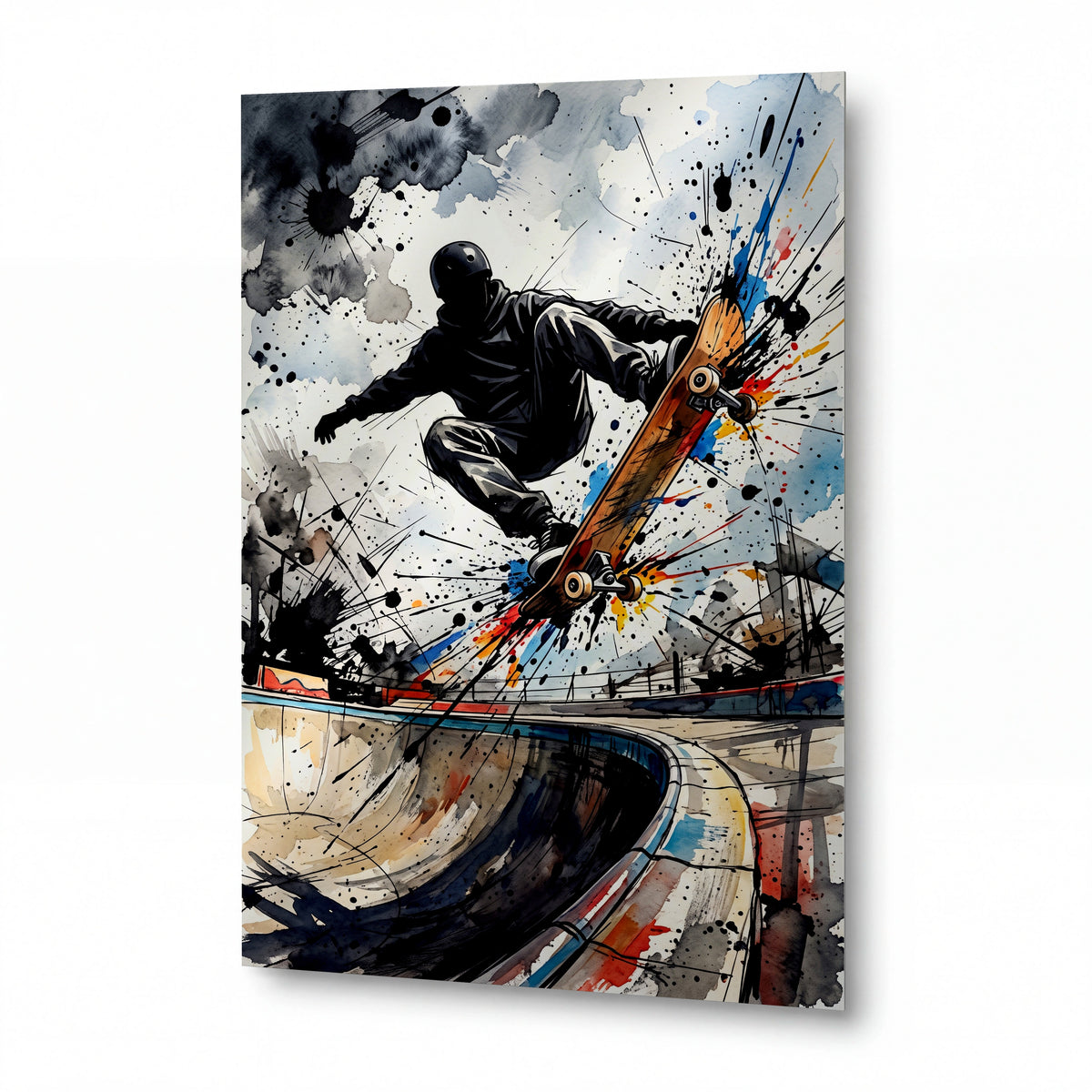Obraz Skateboardista v divokém výbuchu barev — lesklý kovový obraz