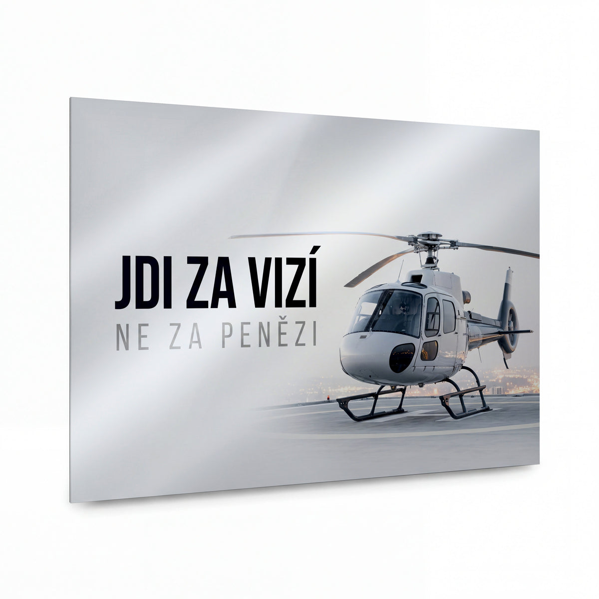 Obraz Helikoptéra nad městem vize — kovový obraz na hliníkovém panelu s vysokým leskem
