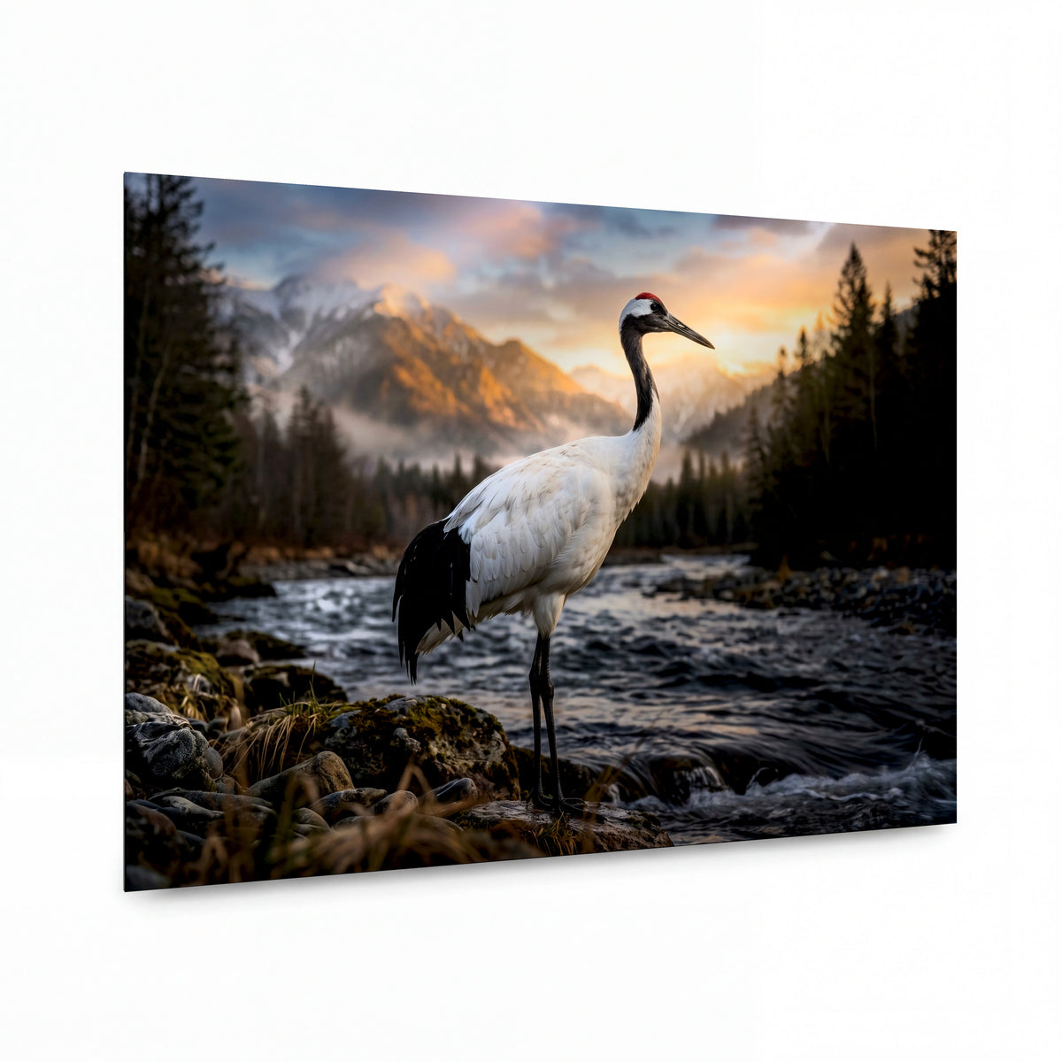Obraz Jeřáb korunkatý v horském údolí — lesklý obraz na hliníku