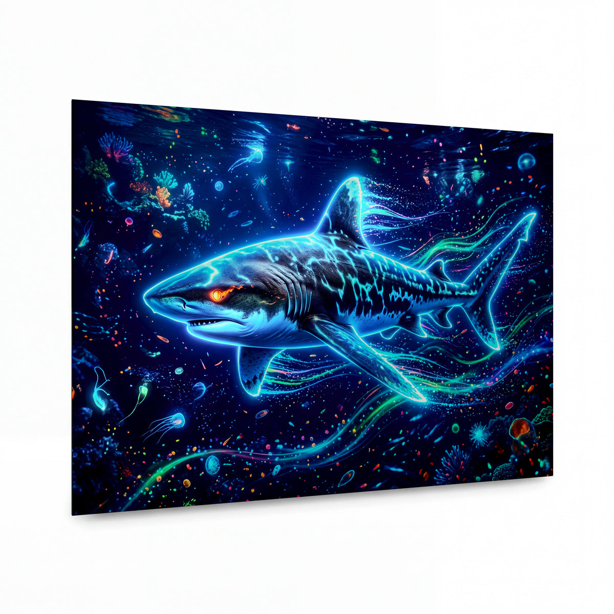 Obraz Žralok v bioluminiscentním oceánu — kovový obraz na hliníkovém panelu s vysokým leskem