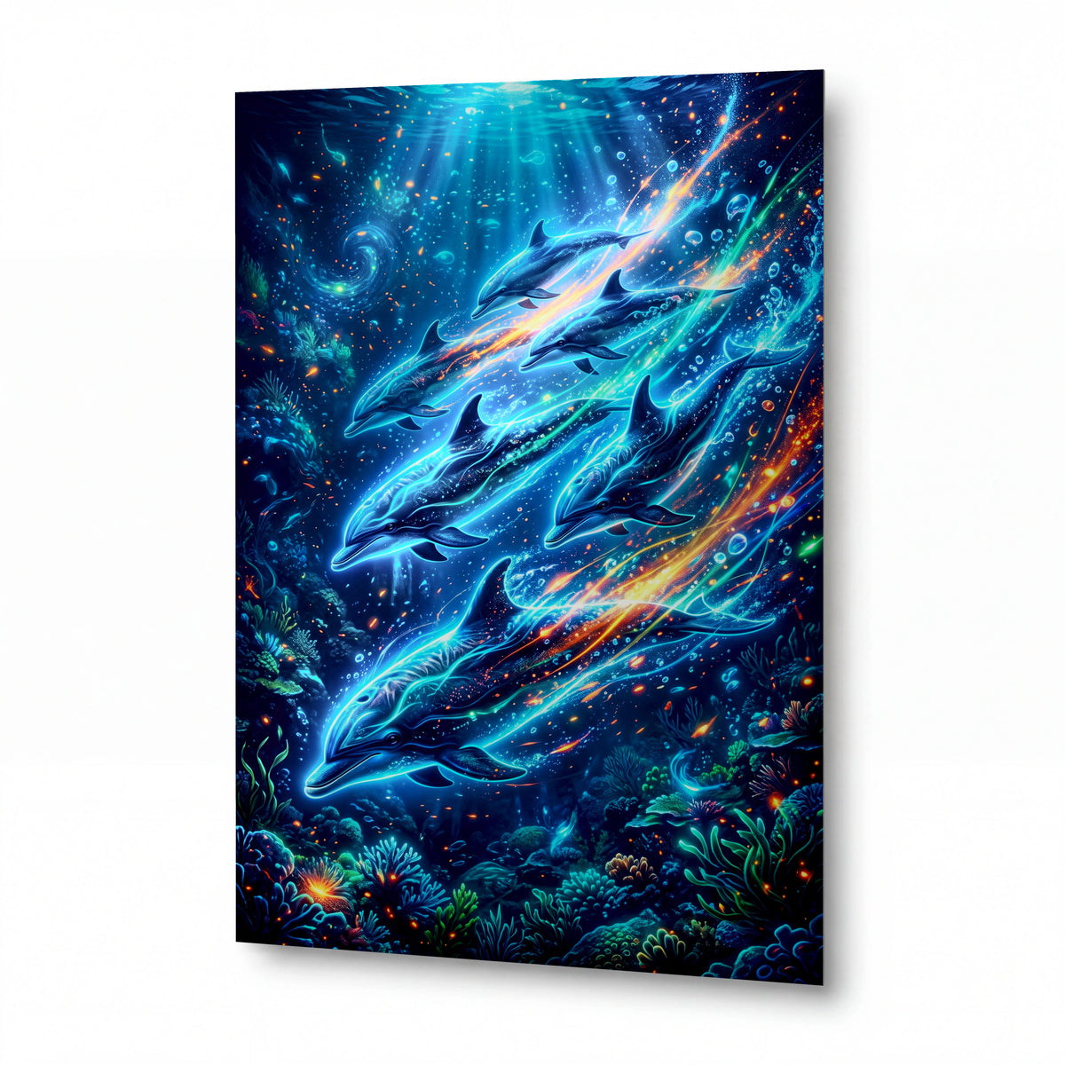 Obraz Kosmický tanec delfínů ve světelných proudech — kovový obraz na hliníkovém panelu s vysokým leskem