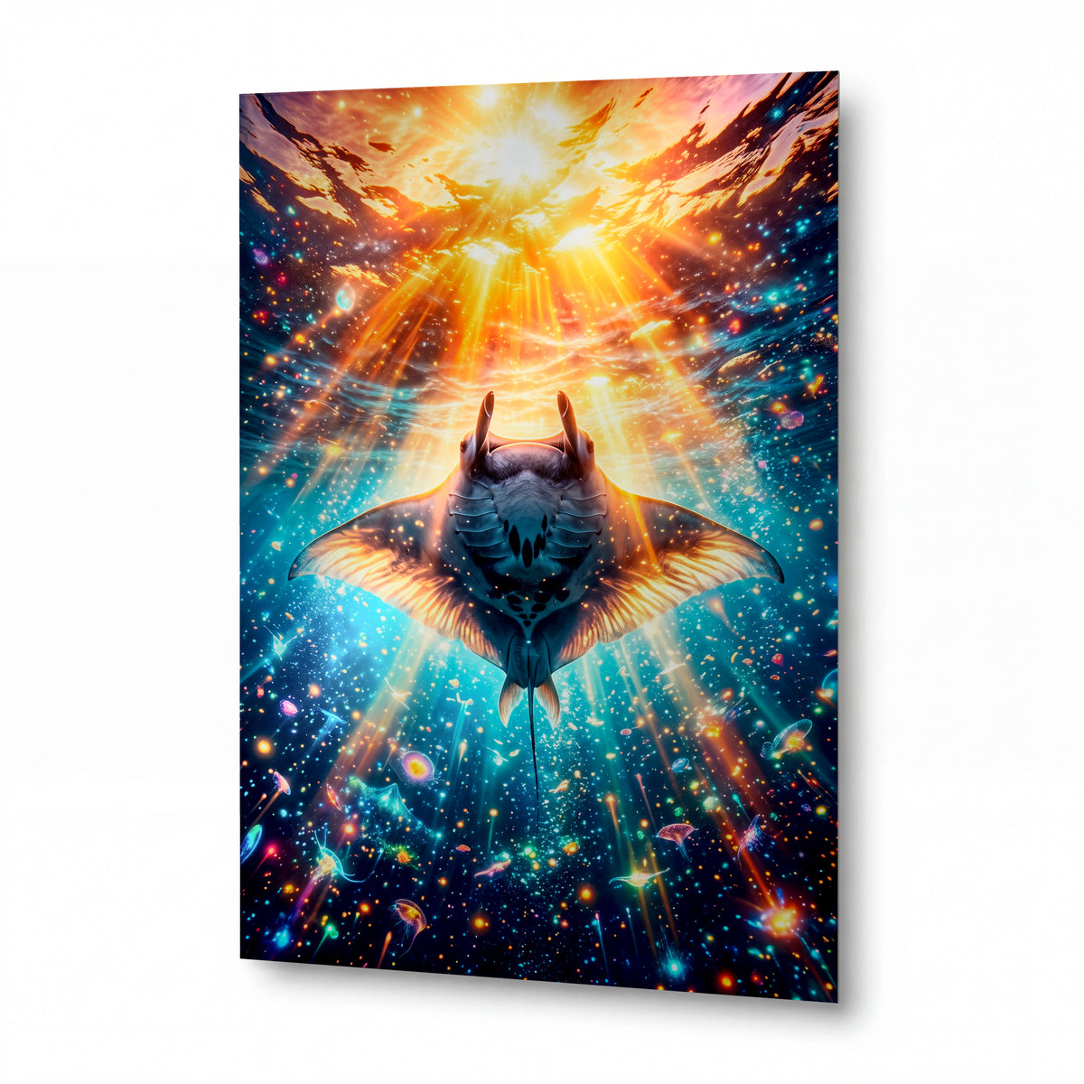 Obraz Rejnok plující kosmickou záplavou světla — kovový obraz na hliníkovém panelu s vysokým leskem