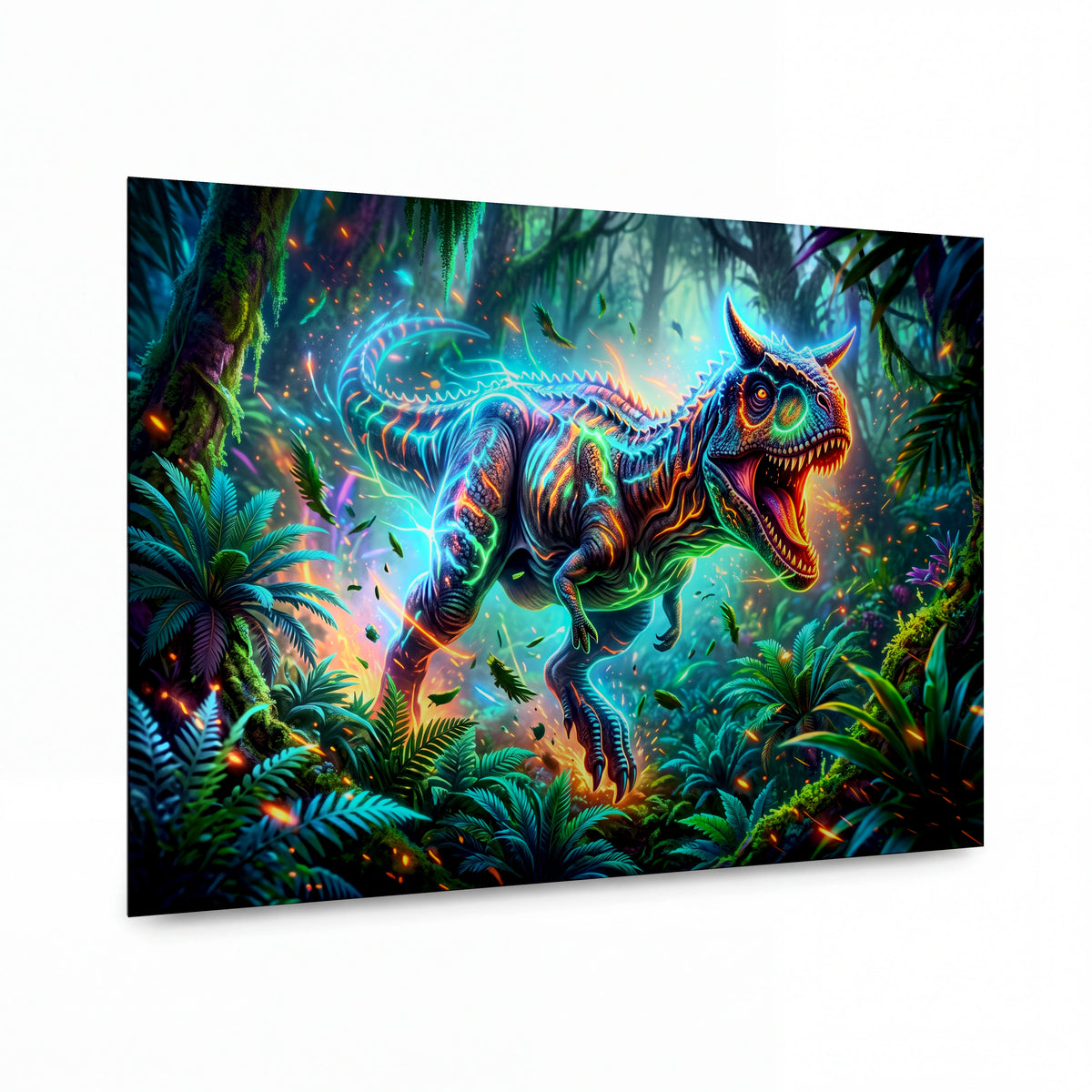 Obraz Duhový tyranosaurus v pralesní mlze — kovový obraz na hliníkovém panelu s vysokým leskem