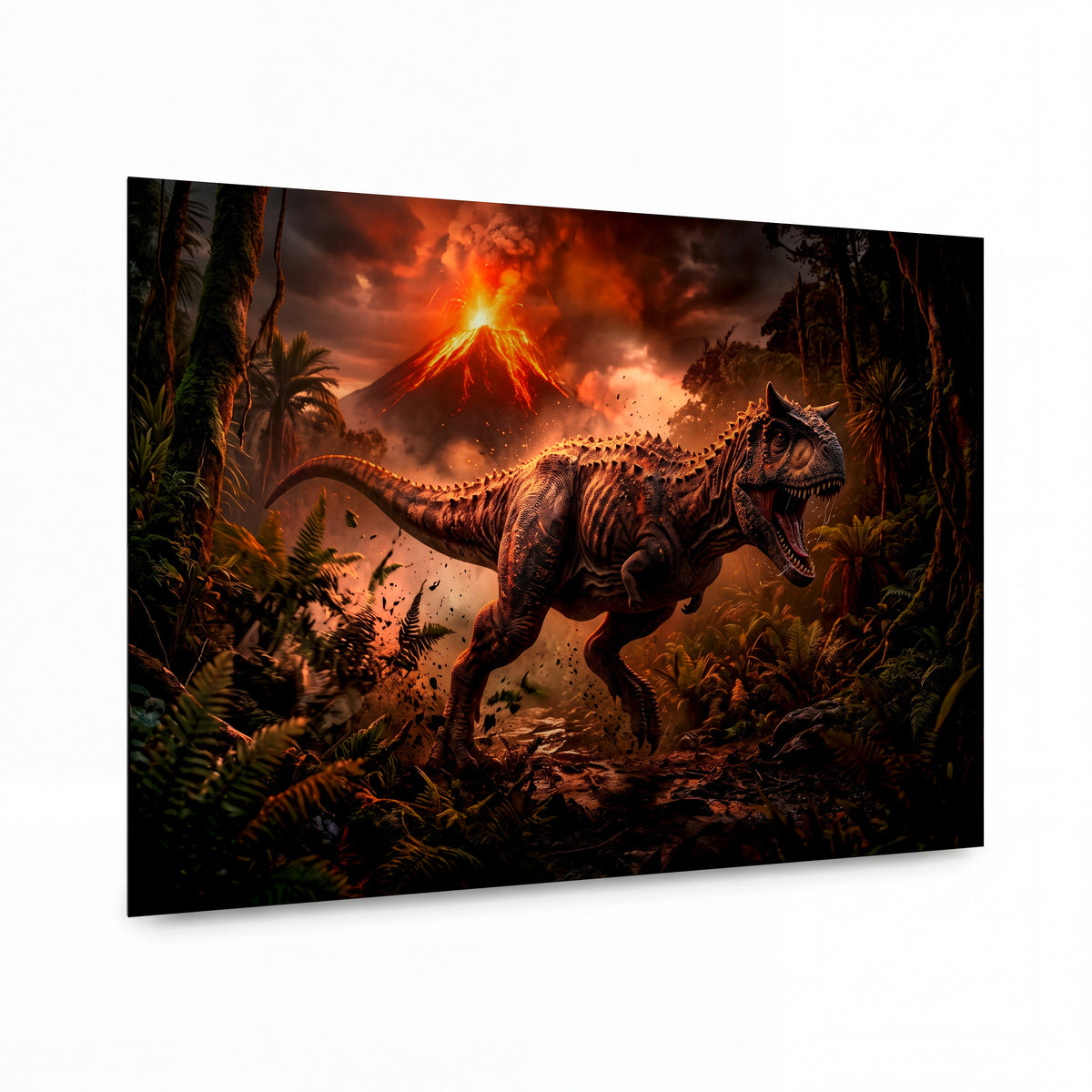 Obraz Útěk teropoda před vybuchující sopkou — kovový obraz na hliníkovém panelu s vysokým leskem