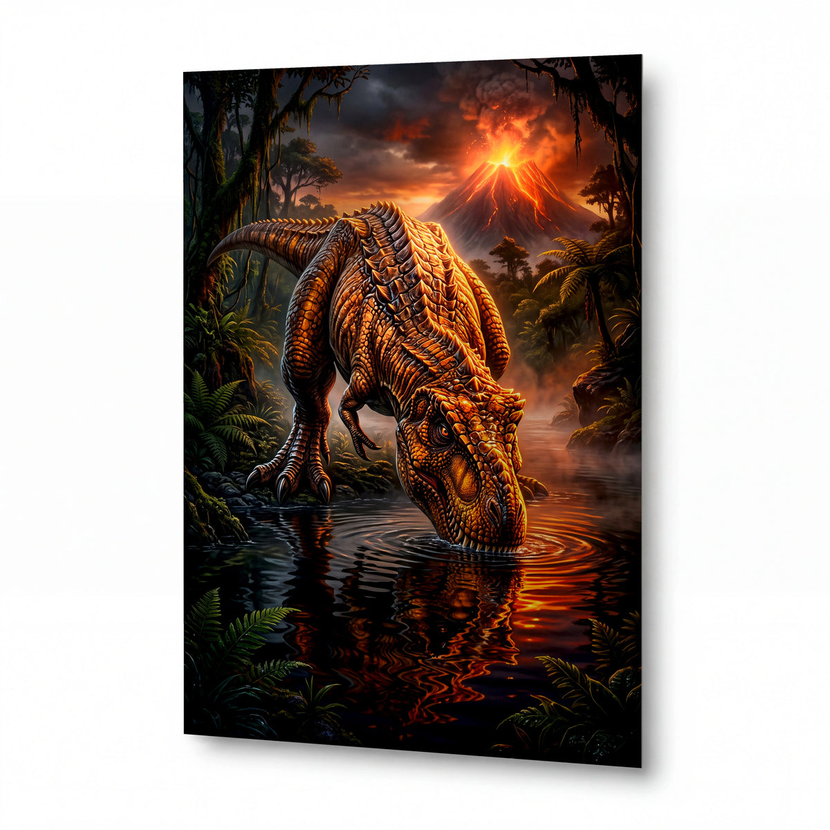 Obraz Pancéřový dinosaurus u sopečného jezera — kovový obraz na hliníkovém panelu s vysokým leskem