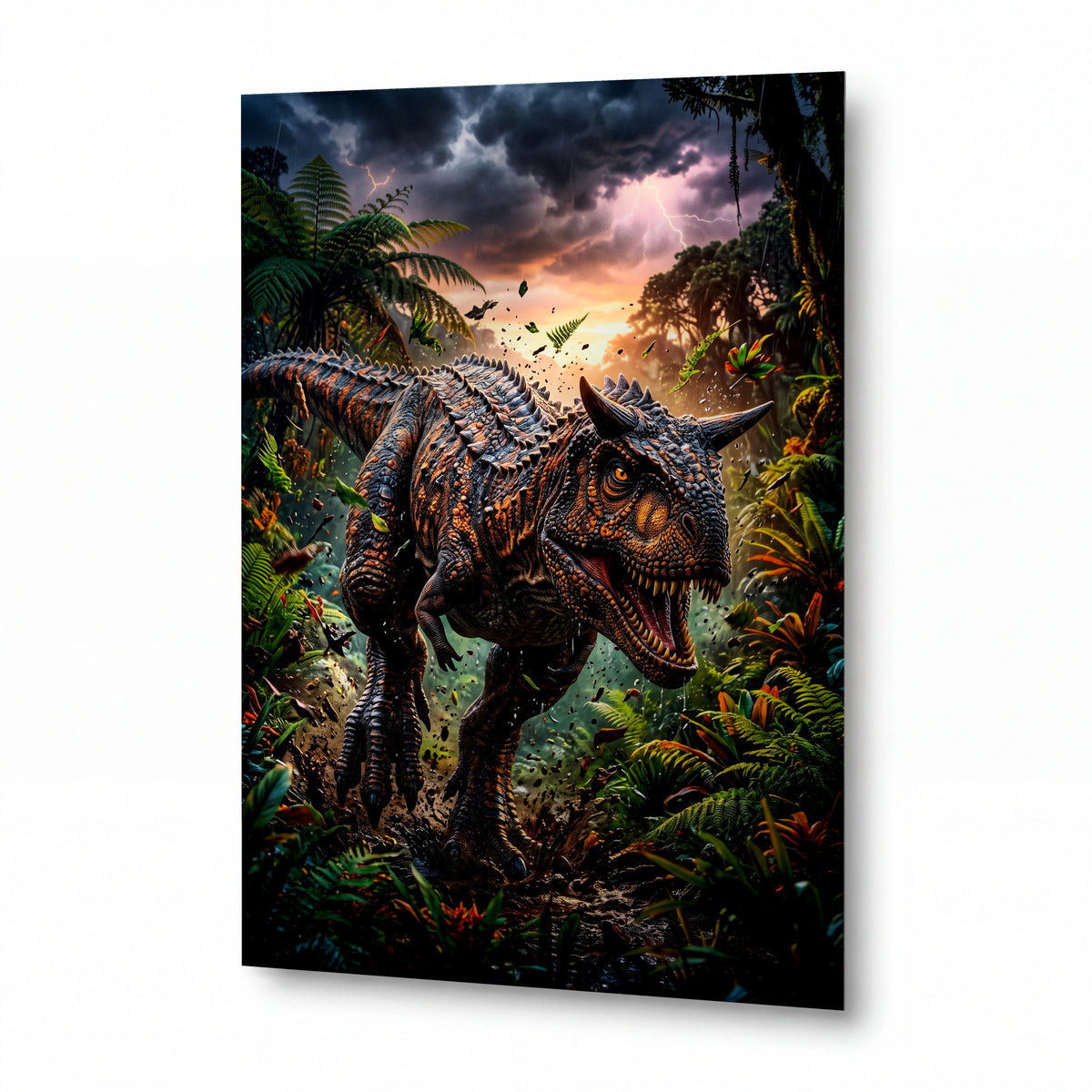 Obraz Carnotaurus v bouřkovém pralese — kovový obraz na hliníkovém panelu s vysokým leskem