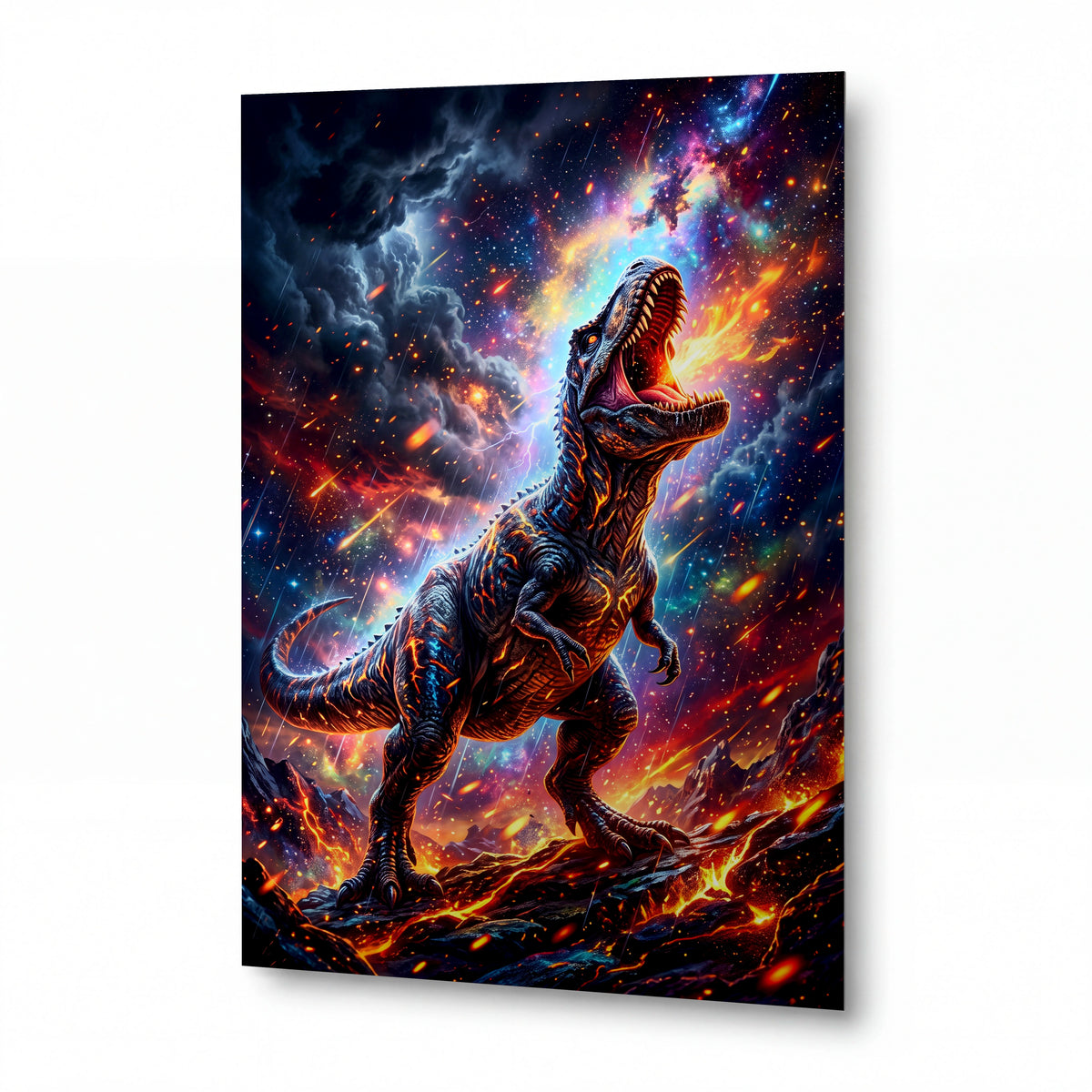 Obraz Tyranosaurus v ohnivém kosmickém víru — kovový obraz na hliníkovém panelu s vysokým leskem
