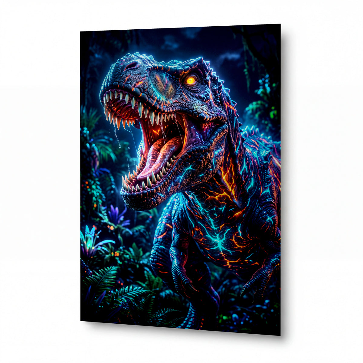 Obraz Tyrannosaurus ve světle bioluminiscence — kovový obraz na hliníkovém panelu s vysokým leskem