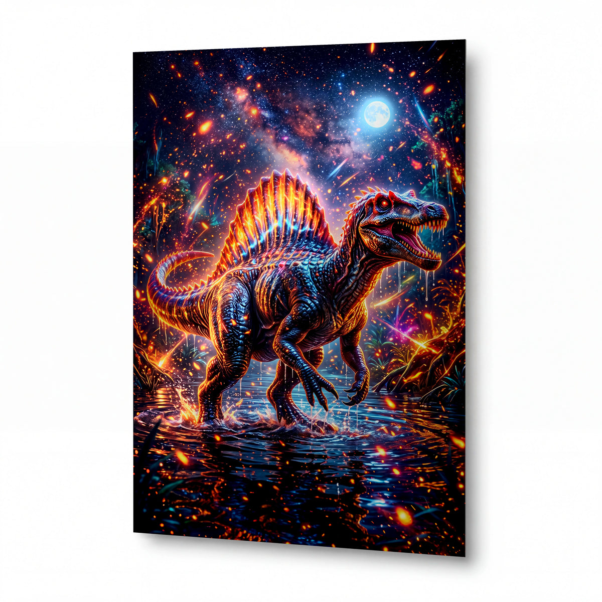 Obraz Spinosaurus v plamenném kosmickém dešti — kovový obraz na hliníkovém panelu s vysokým leskem