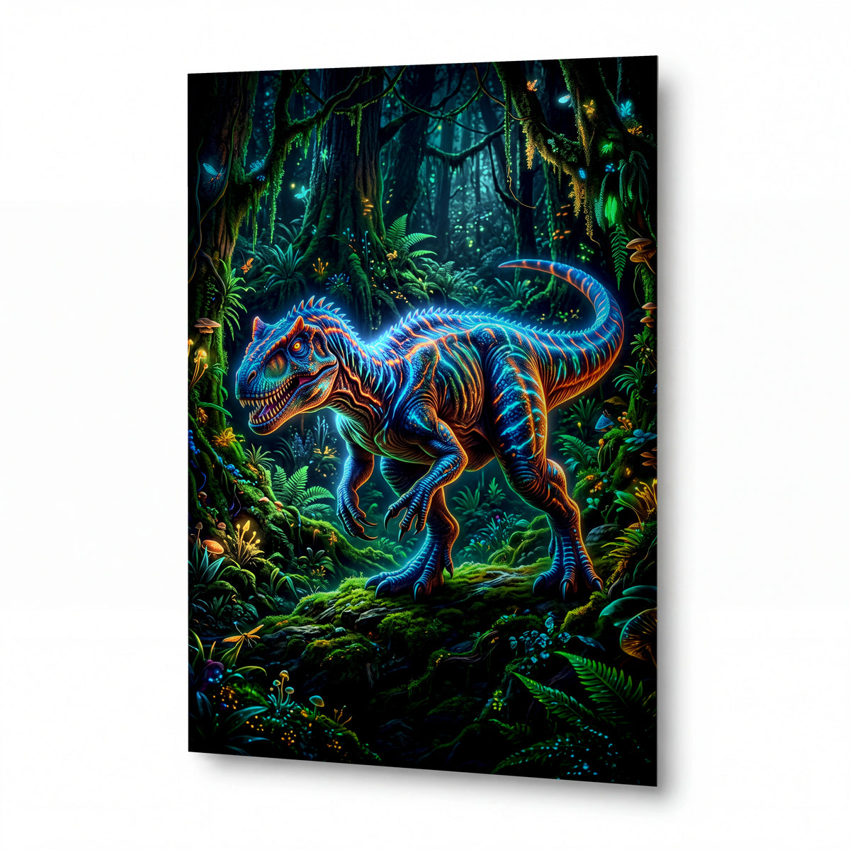 Obraz Zářivý tyranosaurus v bioluminiscenčním pralese — kovový obraz na hliníkovém panelu s vysokým leskem