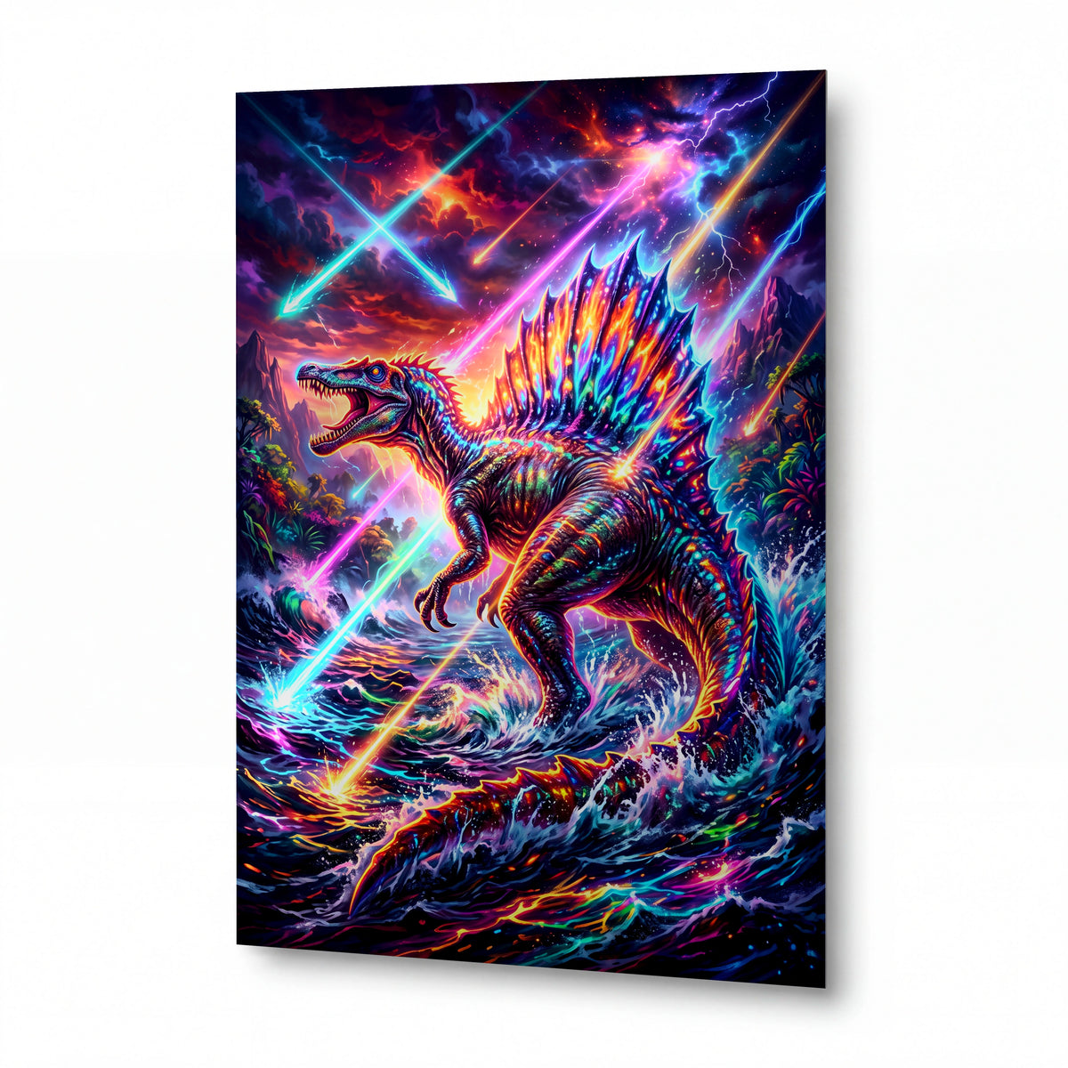 Obraz Spinosaurus v duhové bouři — kovový obraz na hliníkovém panelu s vysokým leskem